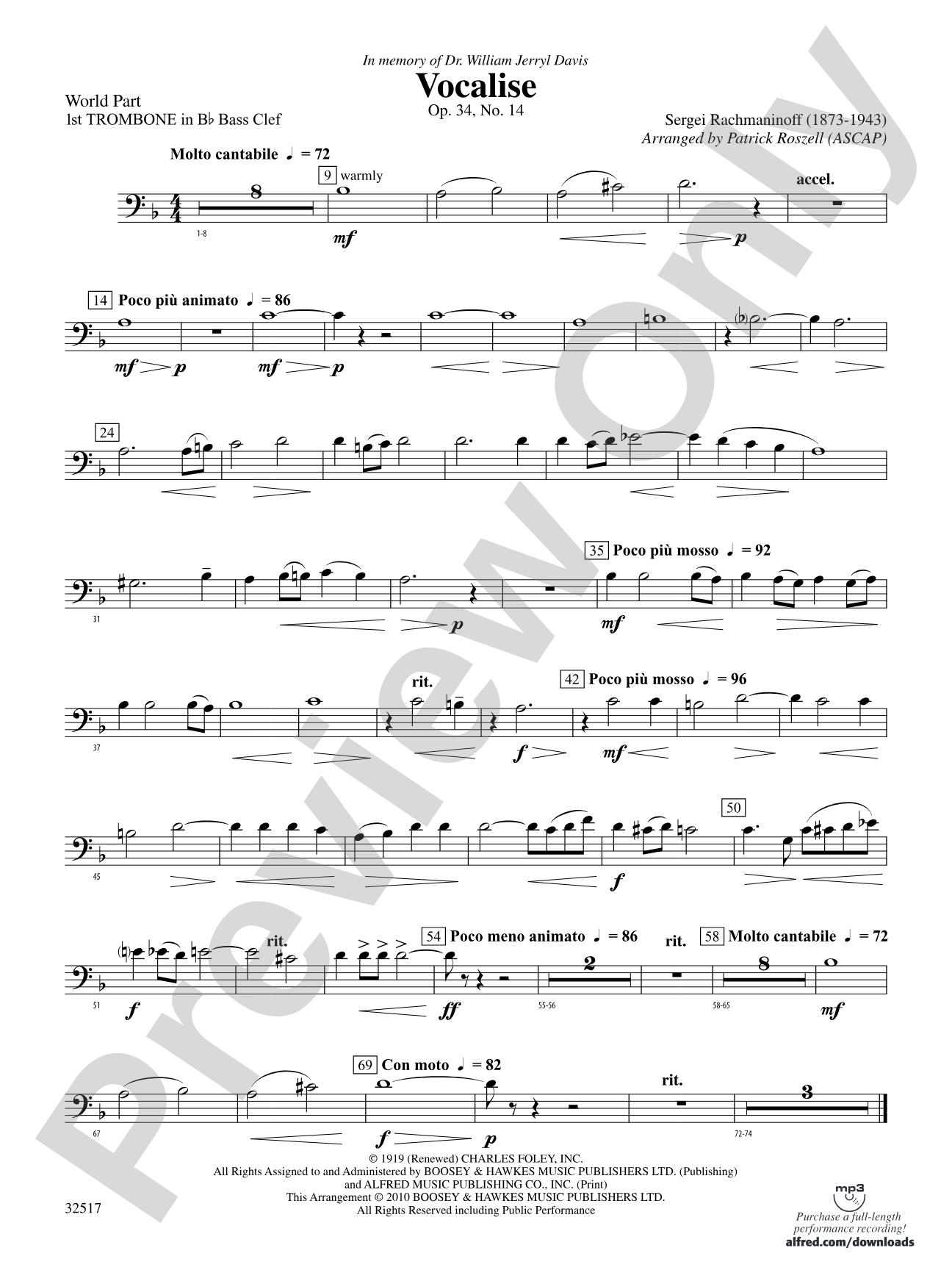 Vocalise, Op. 34, No. 14: (wp) 1st B-flat Trombone B.C.