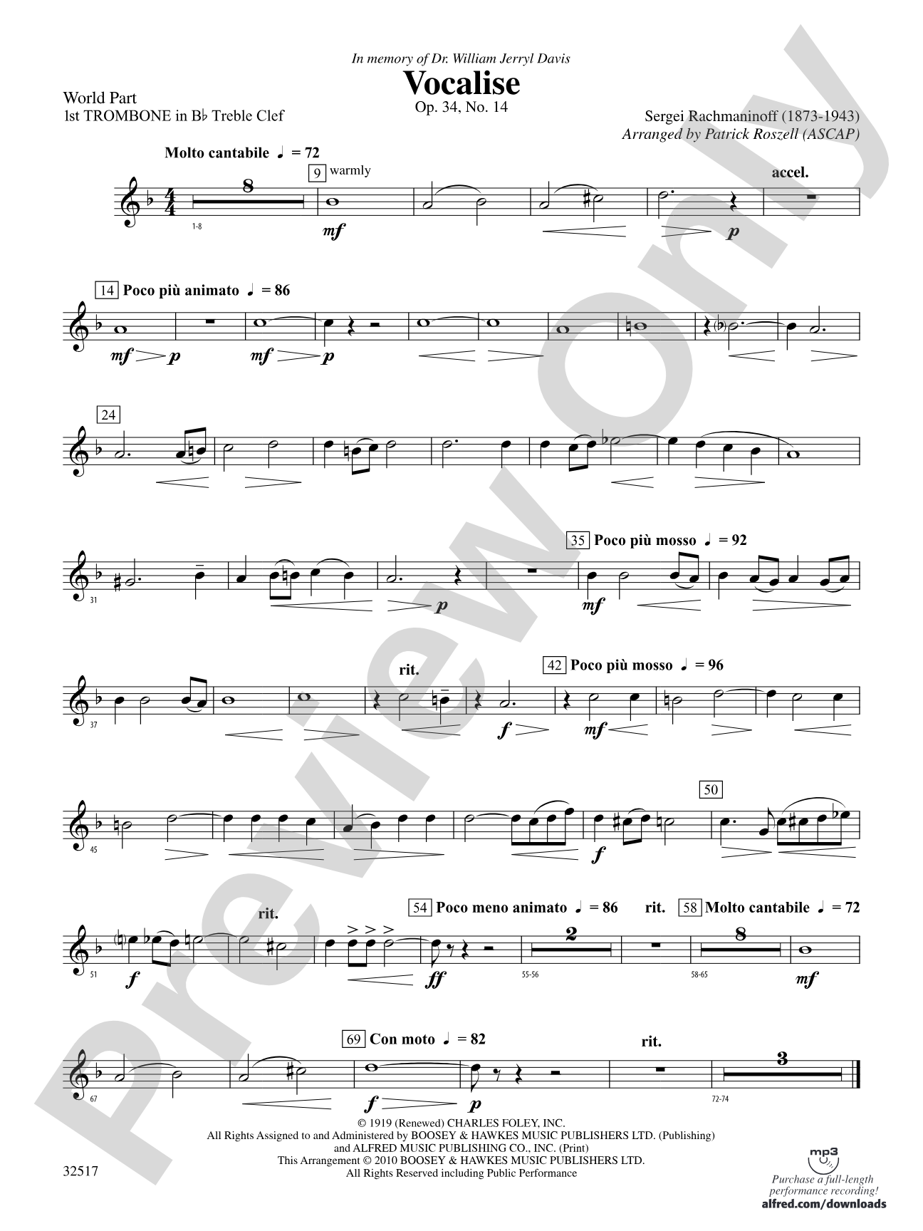 Vocalise, Op. 34, No. 14: (wp) 1st B-flat Trombone T.C.