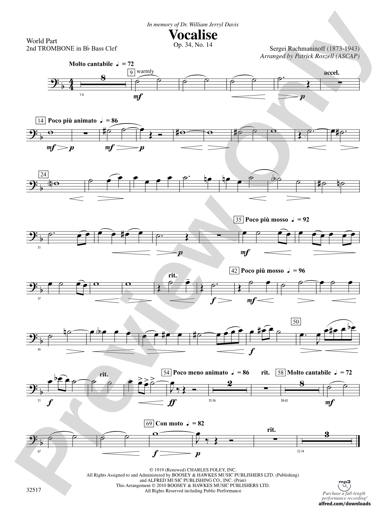 Vocalise, Op. 34, No. 14: (wp) 2nd B-flat Trombone B.C.