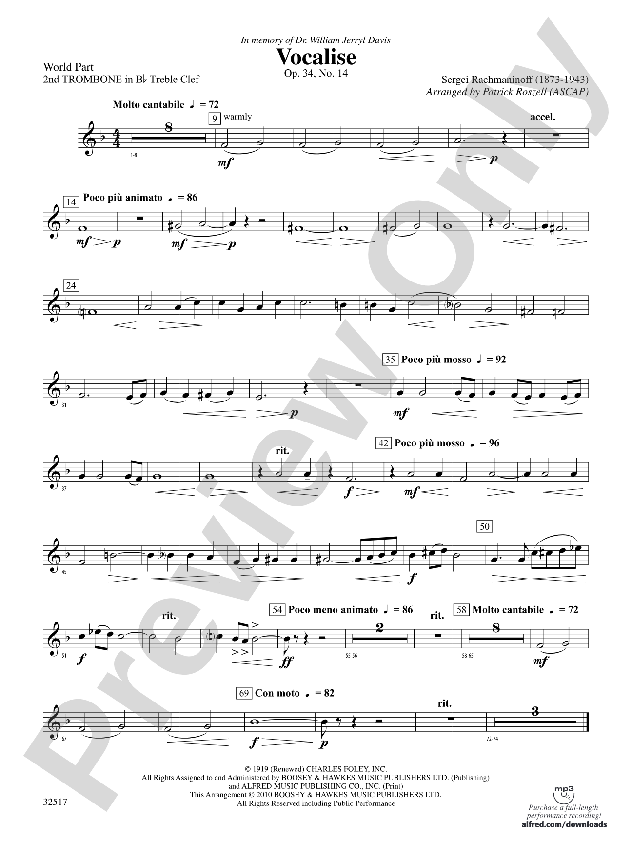 Vocalise, Op. 34, No. 14: (wp) 2nd B-flat Trombone T.C.