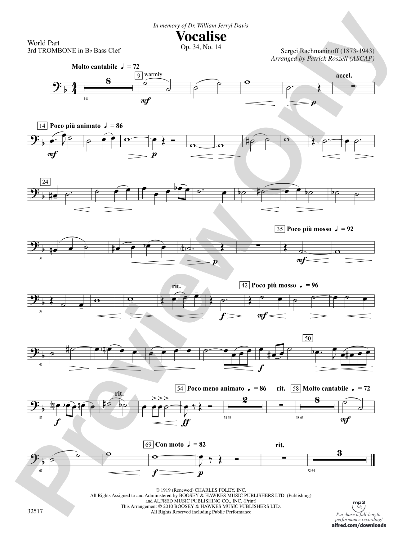 Vocalise, Op. 34, No. 14: (wp) 3rd B-flat Trombone B.C.