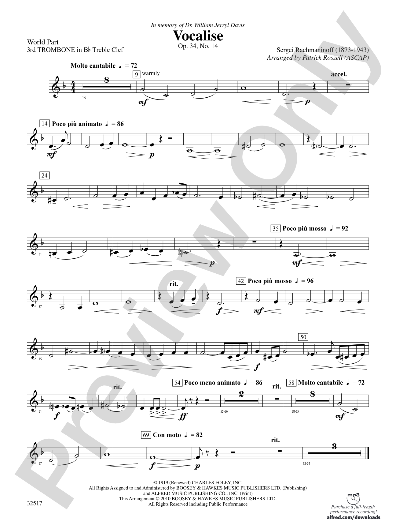 Vocalise, Op. 34, No. 14: (wp) 3rd B-flat Trombone T.C.