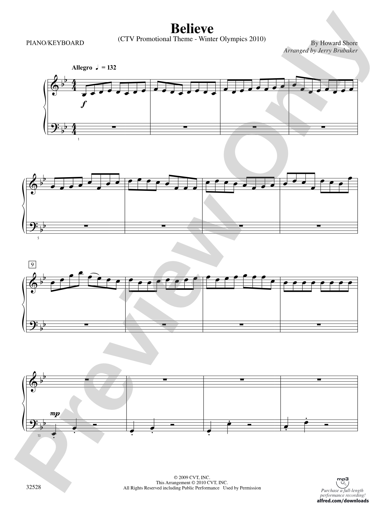 Believe (Winter Olympics 2010): Piano Accompaniment