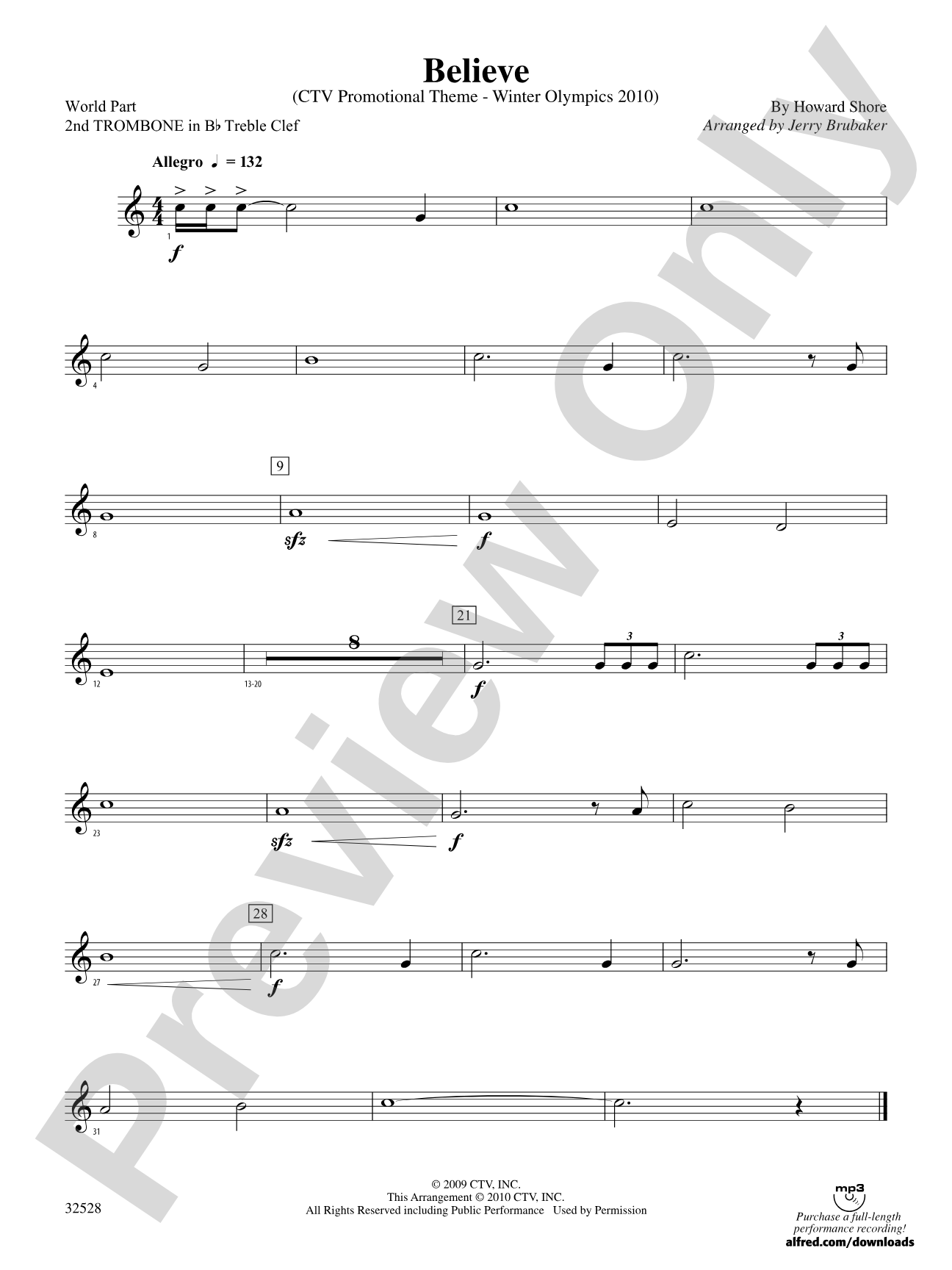 Believe (Winter Olympics 2010): (wp) 2nd B-flat Trombone T.C.