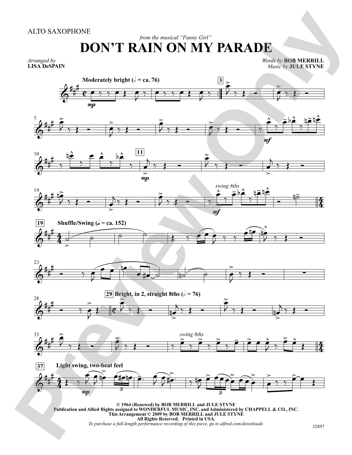 Don't Rain on My Parade (from the musical Funny Girl): E-flat Alto Saxophone: Choral SoundPax