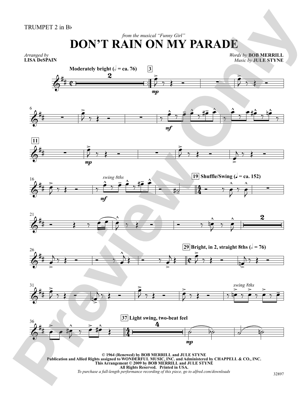 Don't Rain on My Parade (from the musical Funny Girl): 2nd B-flat Trumpet: Choral SoundPax