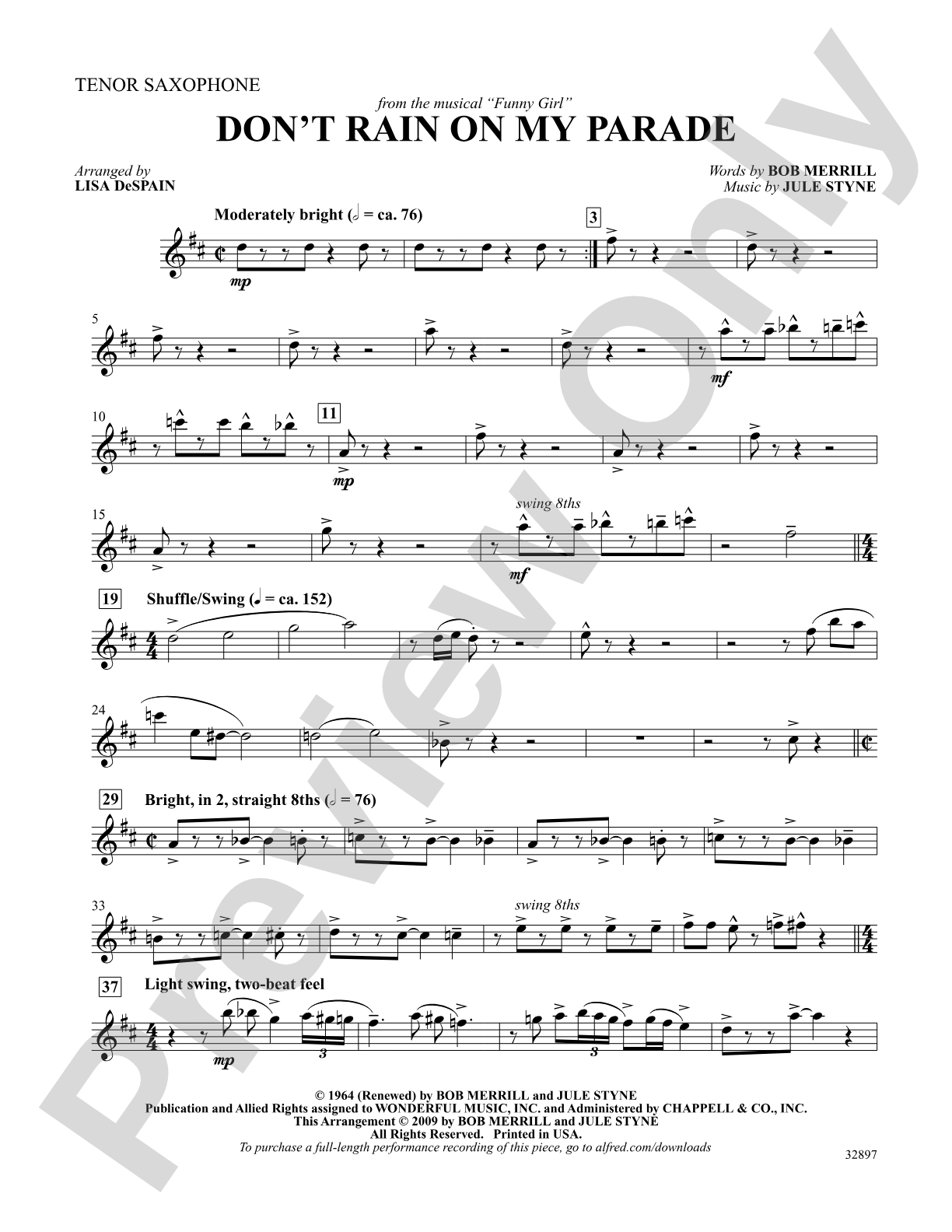 Don't Rain on My Parade (from the musical Funny Girl): B-flat Tenor Saxophone: Choral SoundPax
