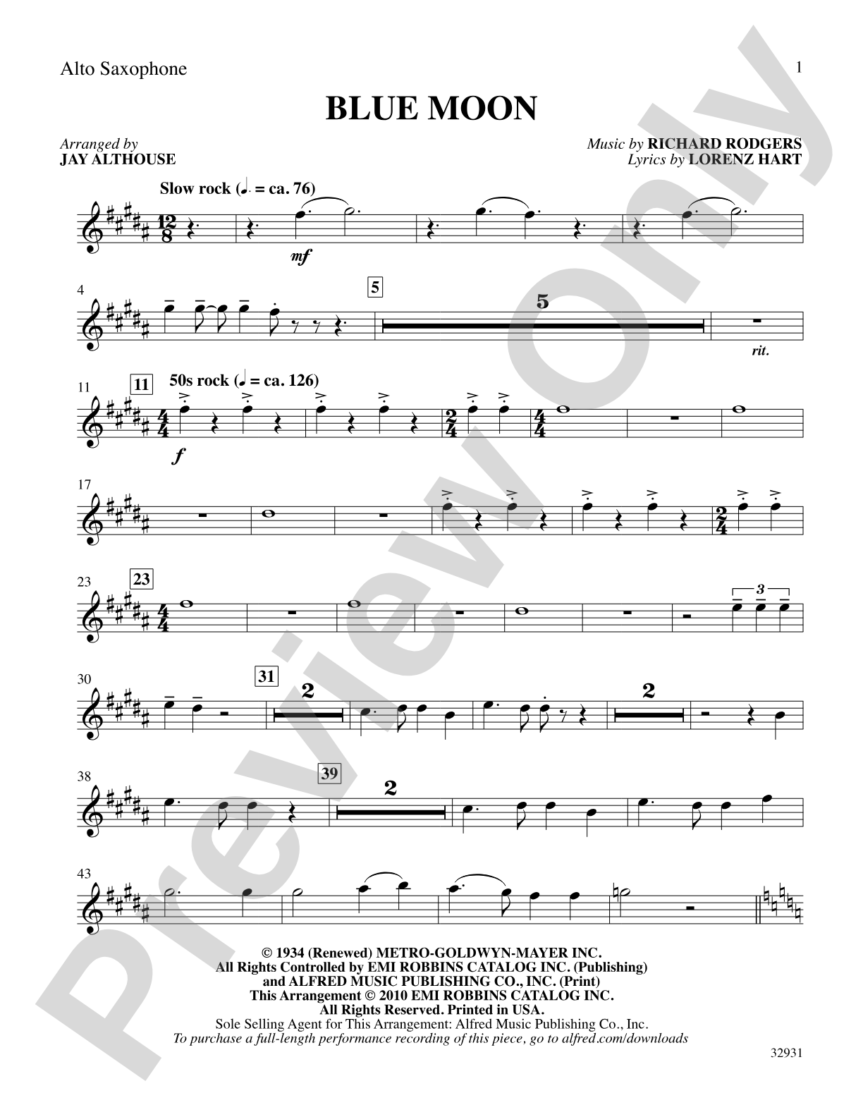 Blue Moon: E-flat Alto Saxophone: Choral SoundPax