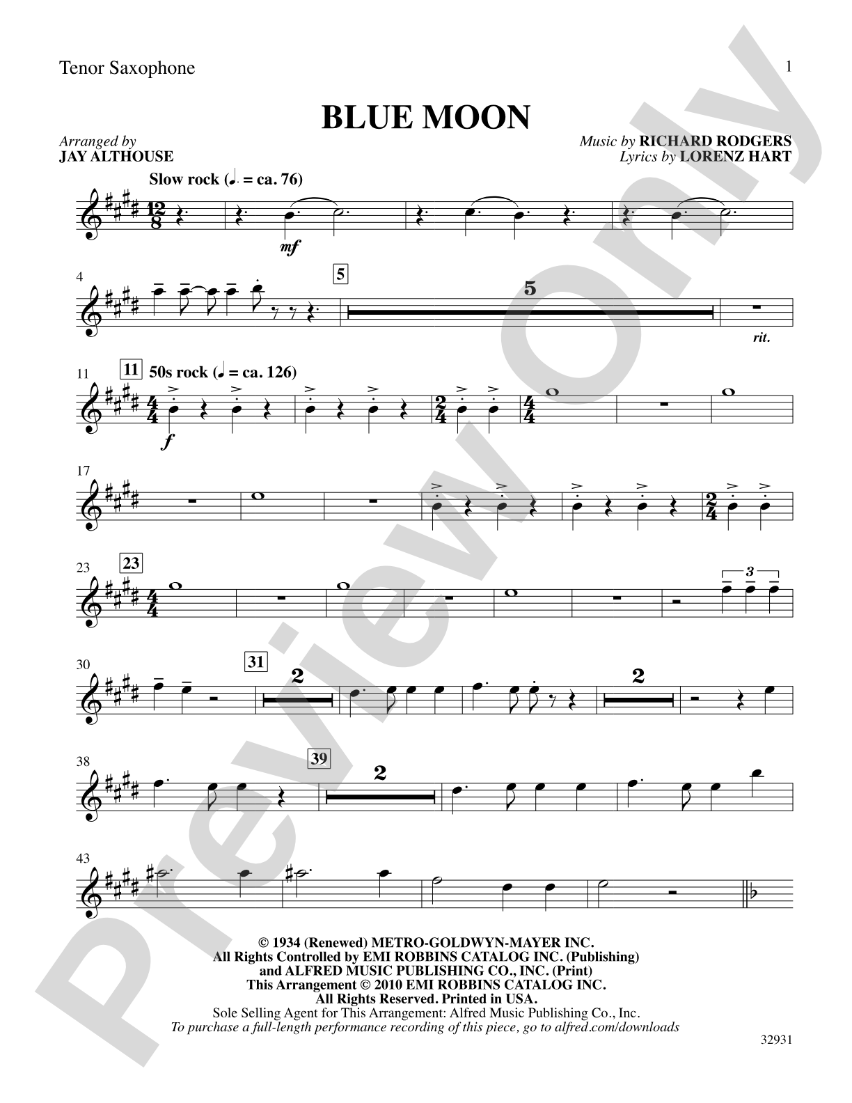 Blue Moon: B-flat Tenor Saxophone: Choral SoundPax