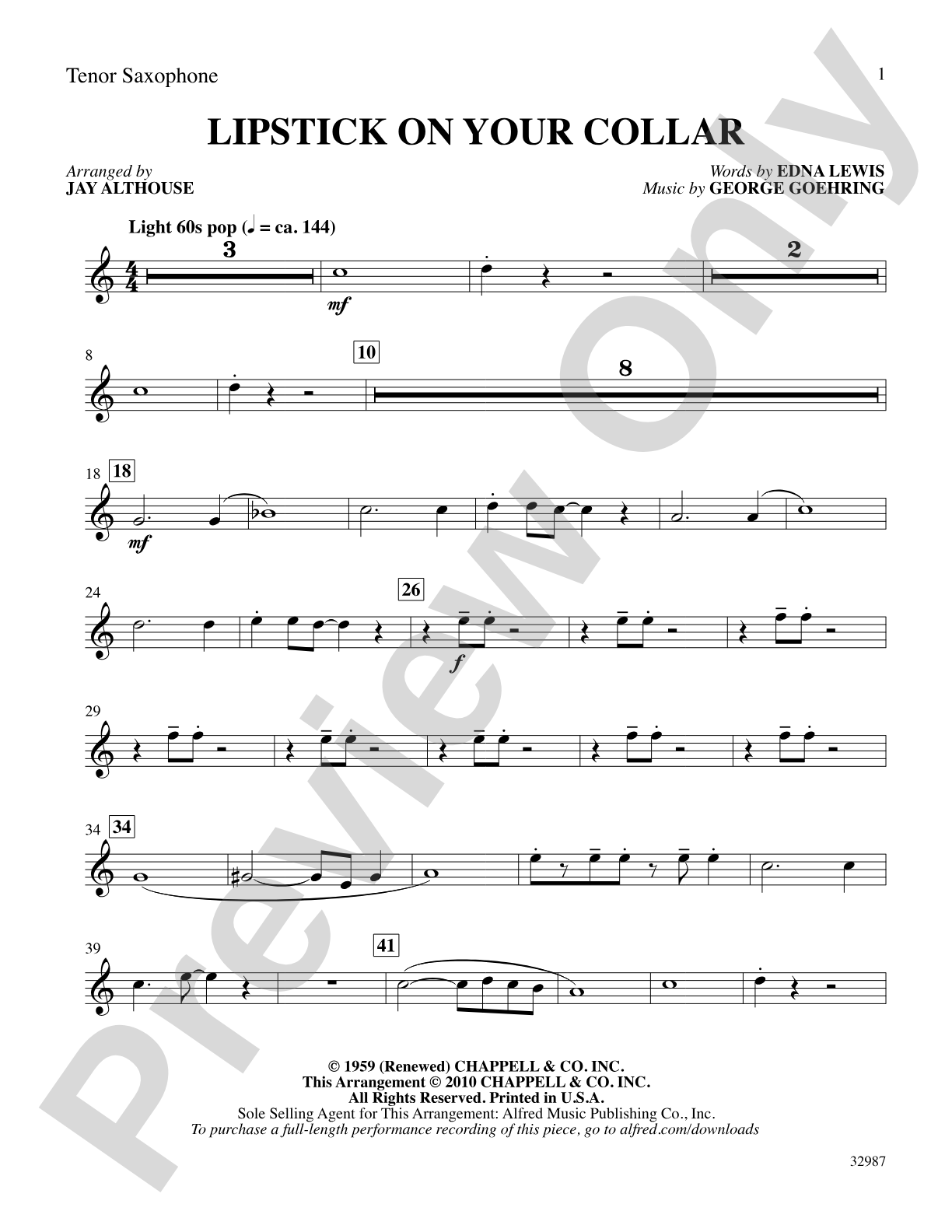 Lipstick on Your Collar: B-flat Tenor Saxophone: Choral SoundPax