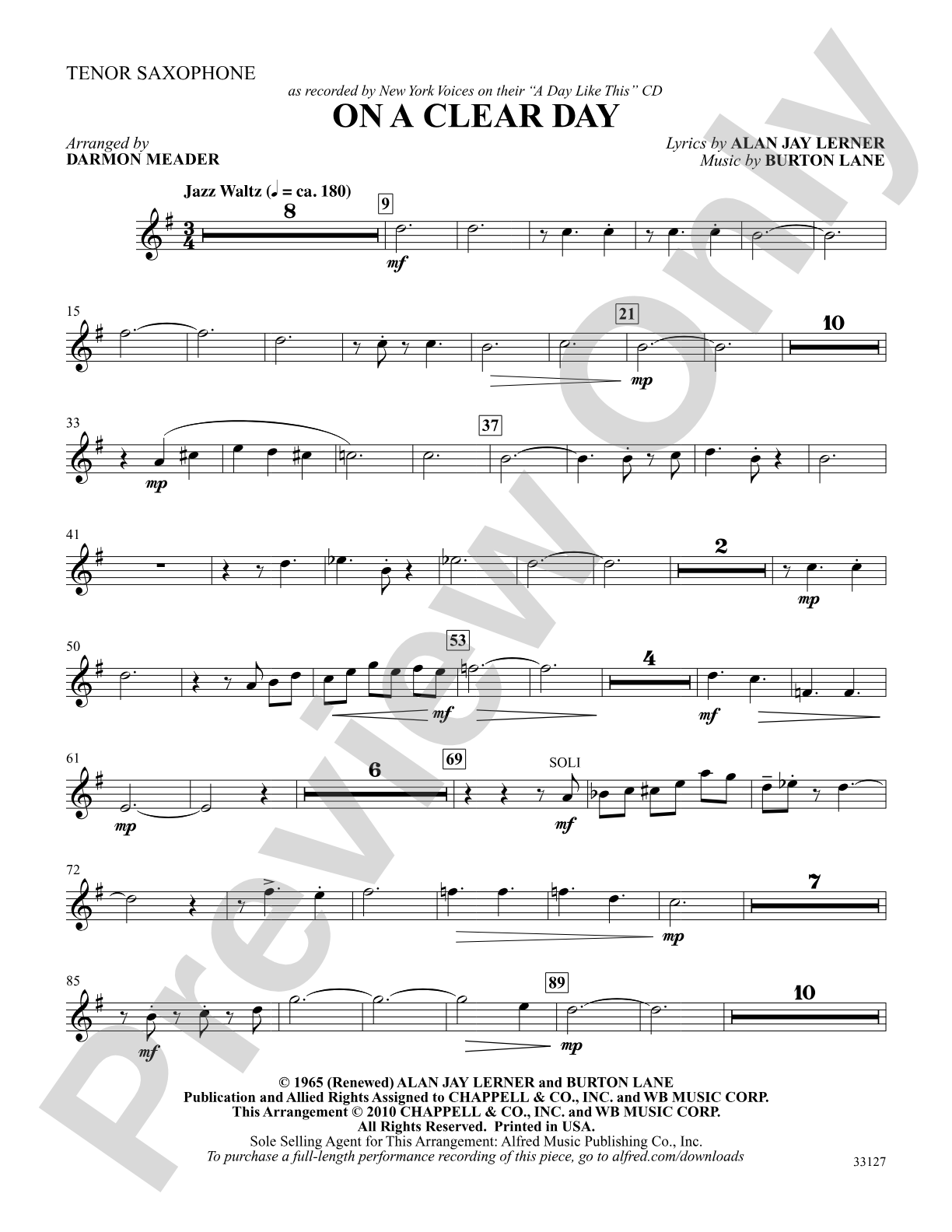 On a Clear Day: B-flat Tenor Saxophone: Choral SoundPax