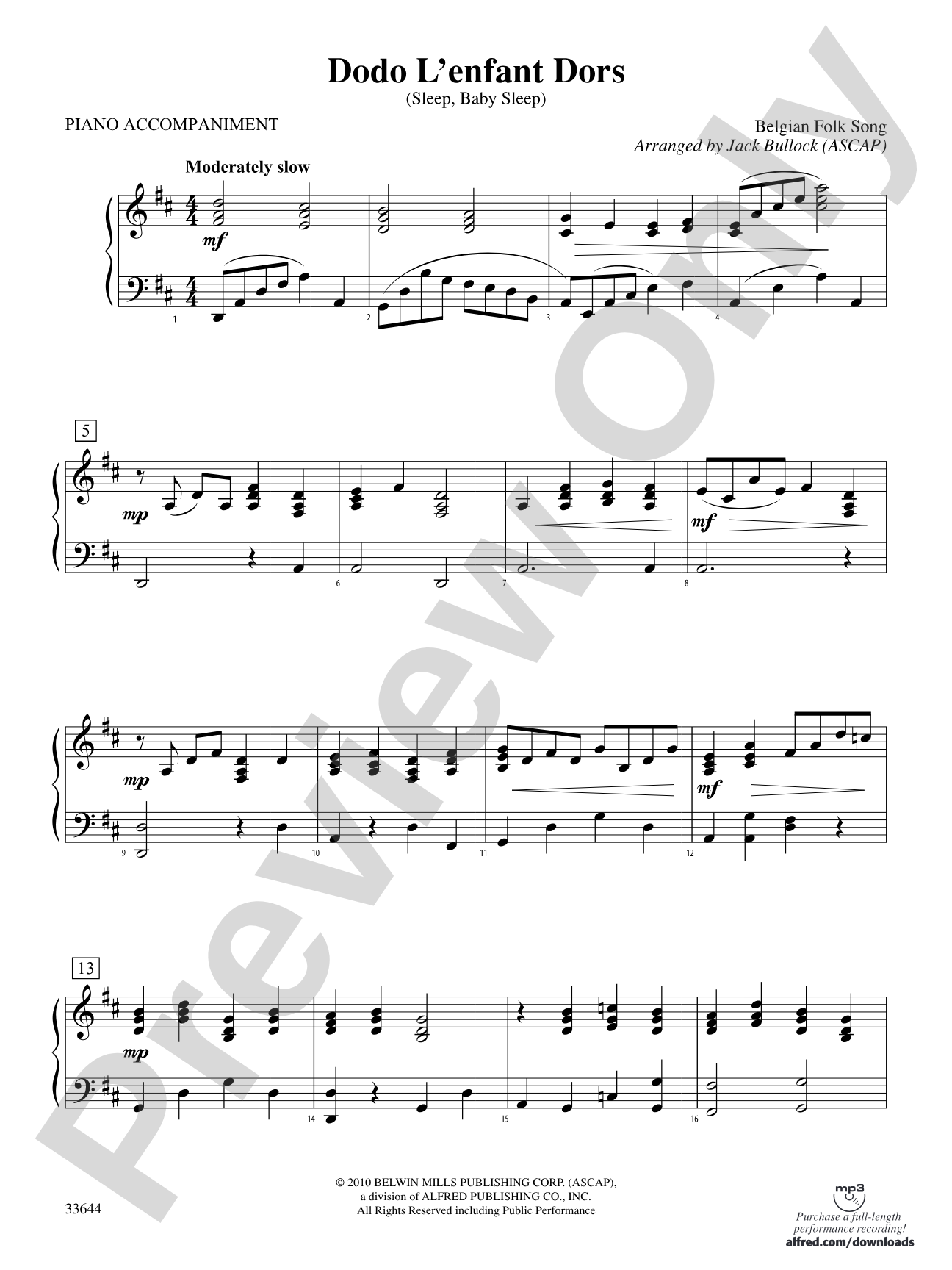 Dodo L'enfant Dors (Sleep, Baby Sleep): Piano Accompaniment