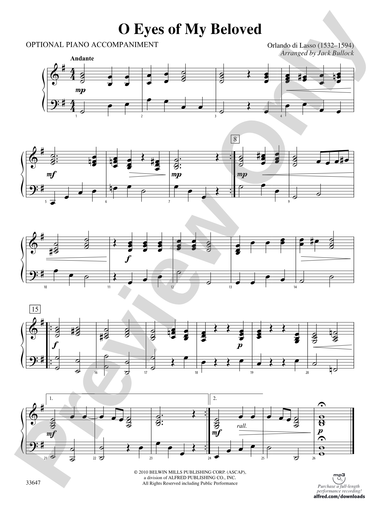 O Eyes of My Beloved: Piano Accompaniment