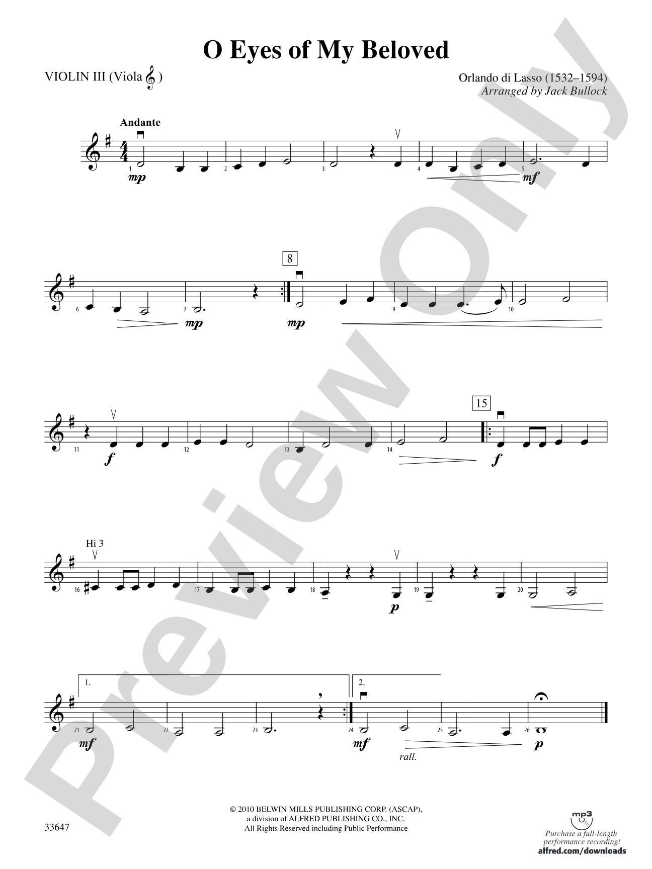 O Eyes of My Beloved: 3rd Violin (Viola [TC])