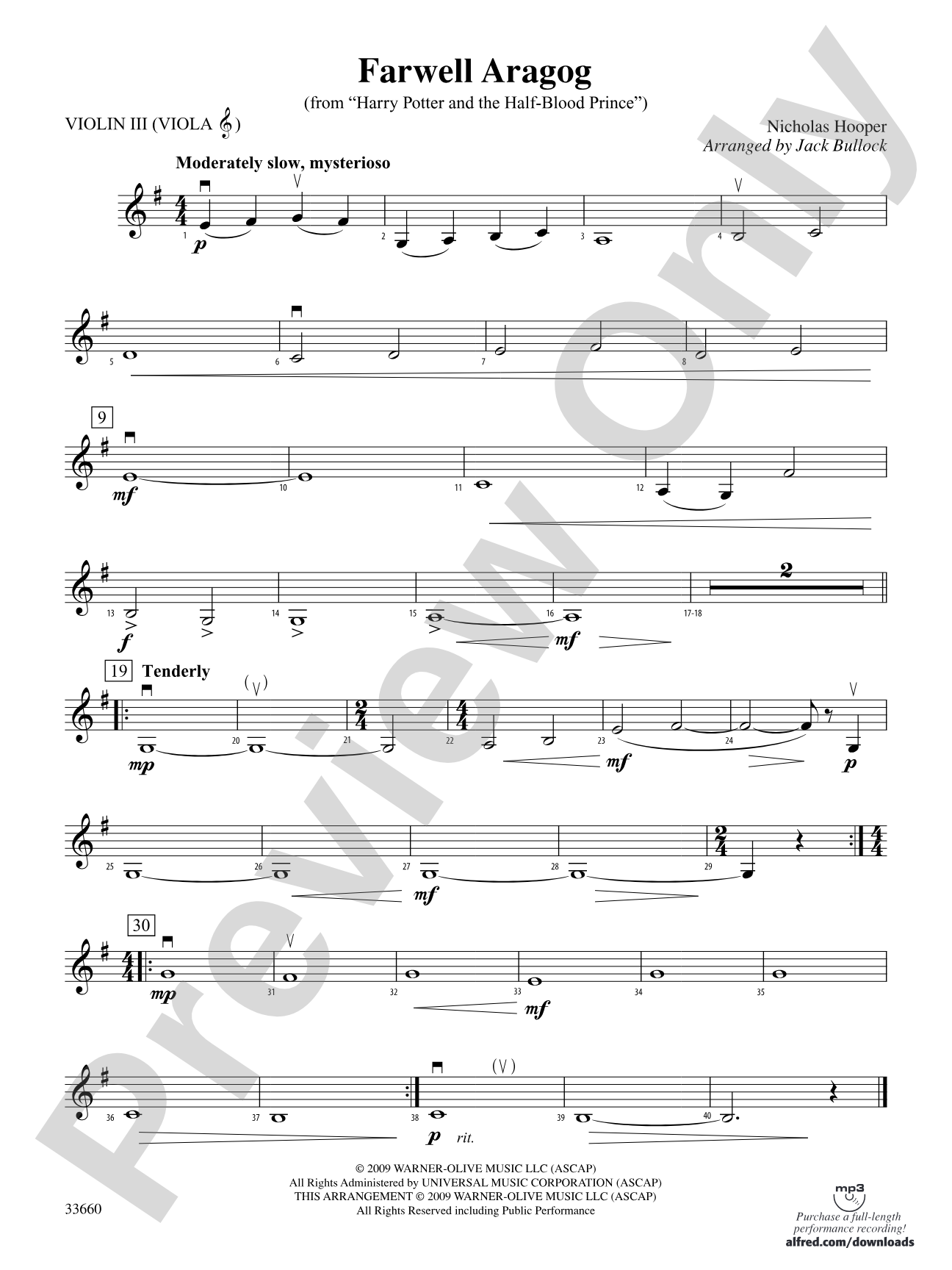 Farewell Aragog (from Harry Potter and the Half-Blood Prince): 3rd Violin (Viola [TC])