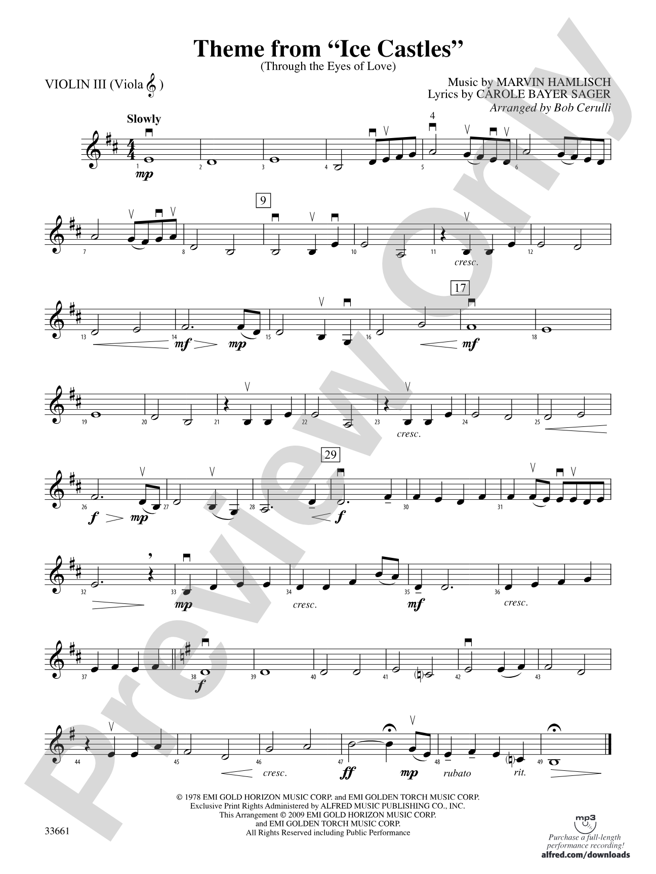 Ice Castles, Theme from (Through the Eyes of Love): 3rd Violin (Viola [TC])