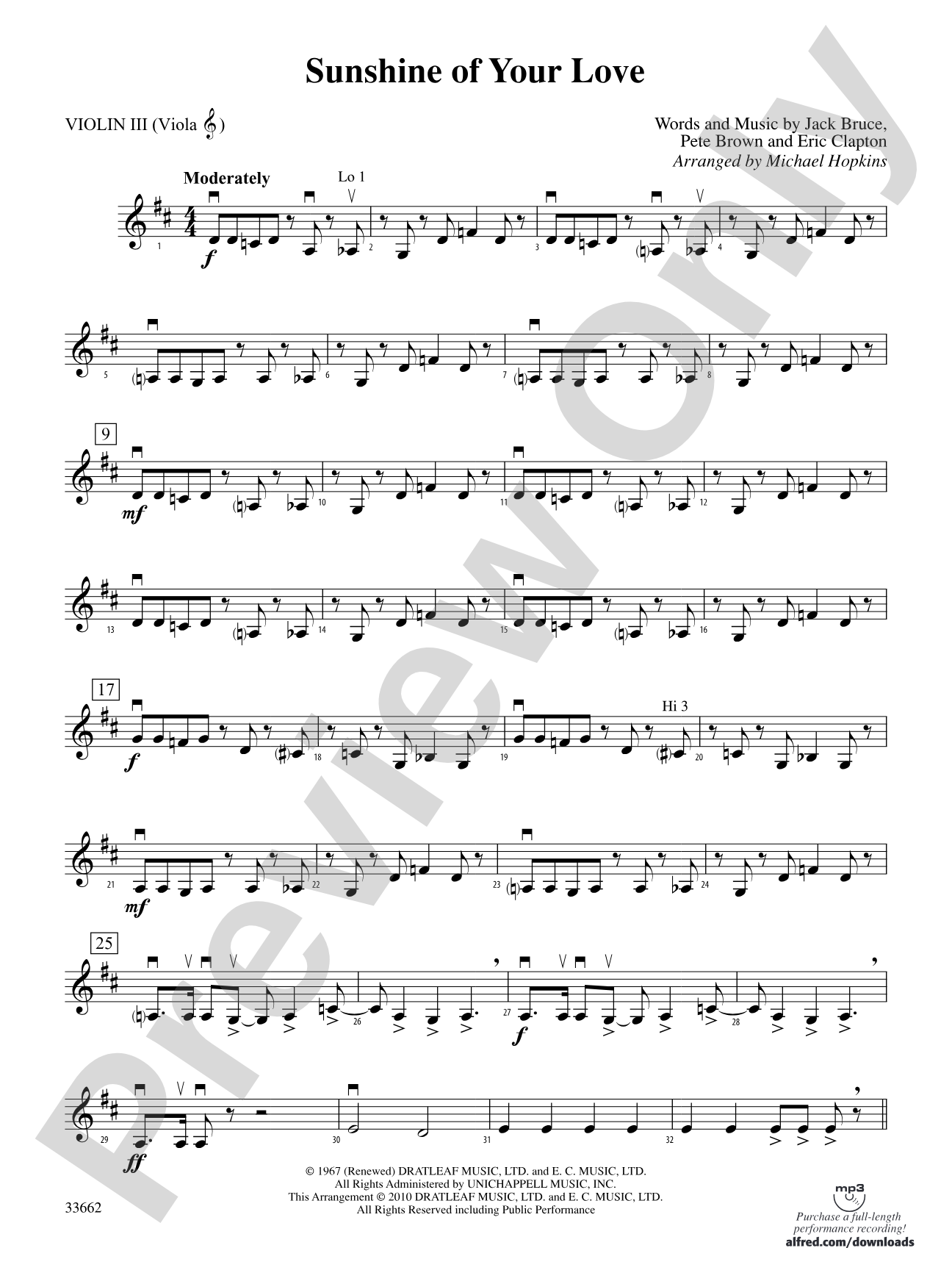Sunshine of Your Love: 3rd Violin (Viola [TC])