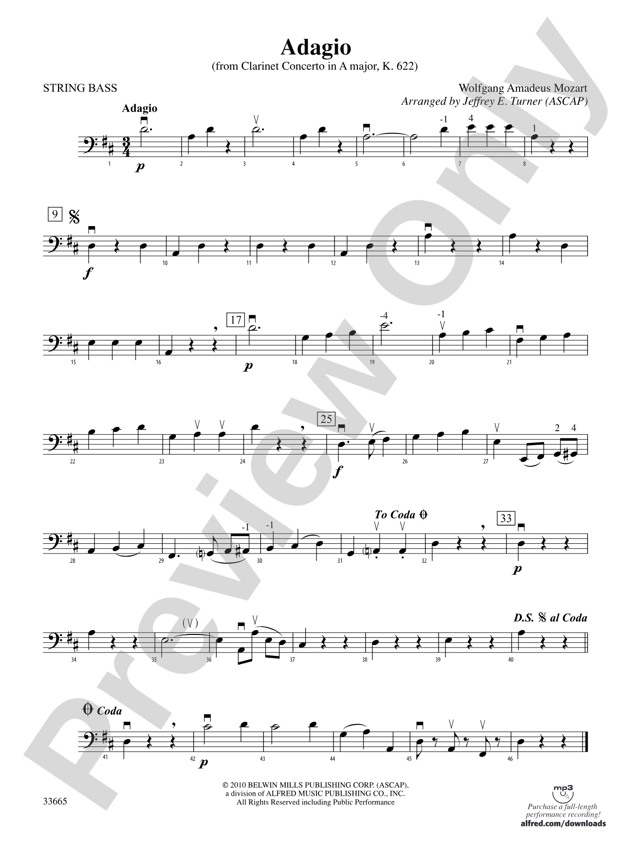 Adagio (from Clarinet Concerto in A Major, K. 622): String Bass