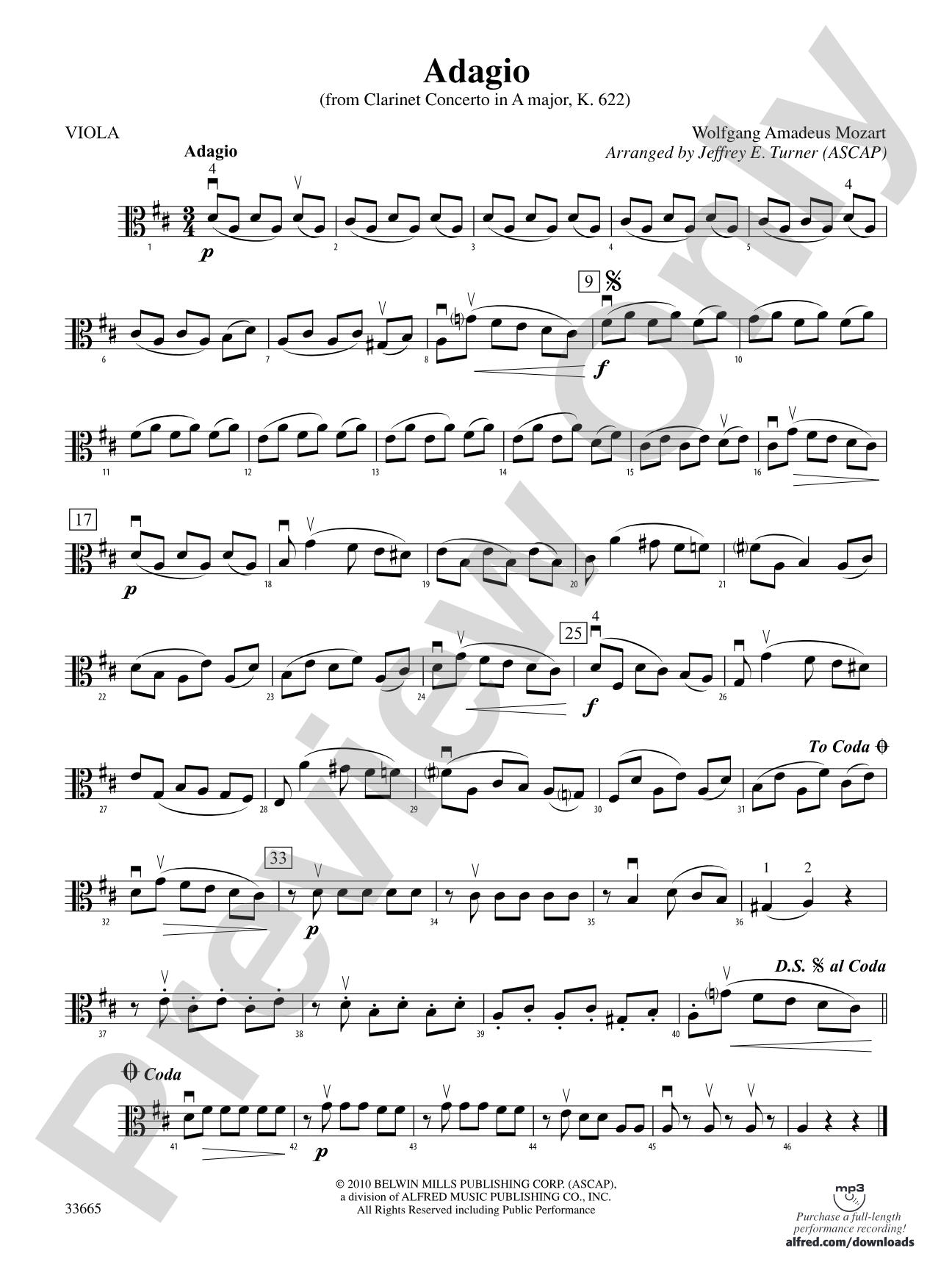 Adagio (from Clarinet Concerto in A Major, K. 622): Viola