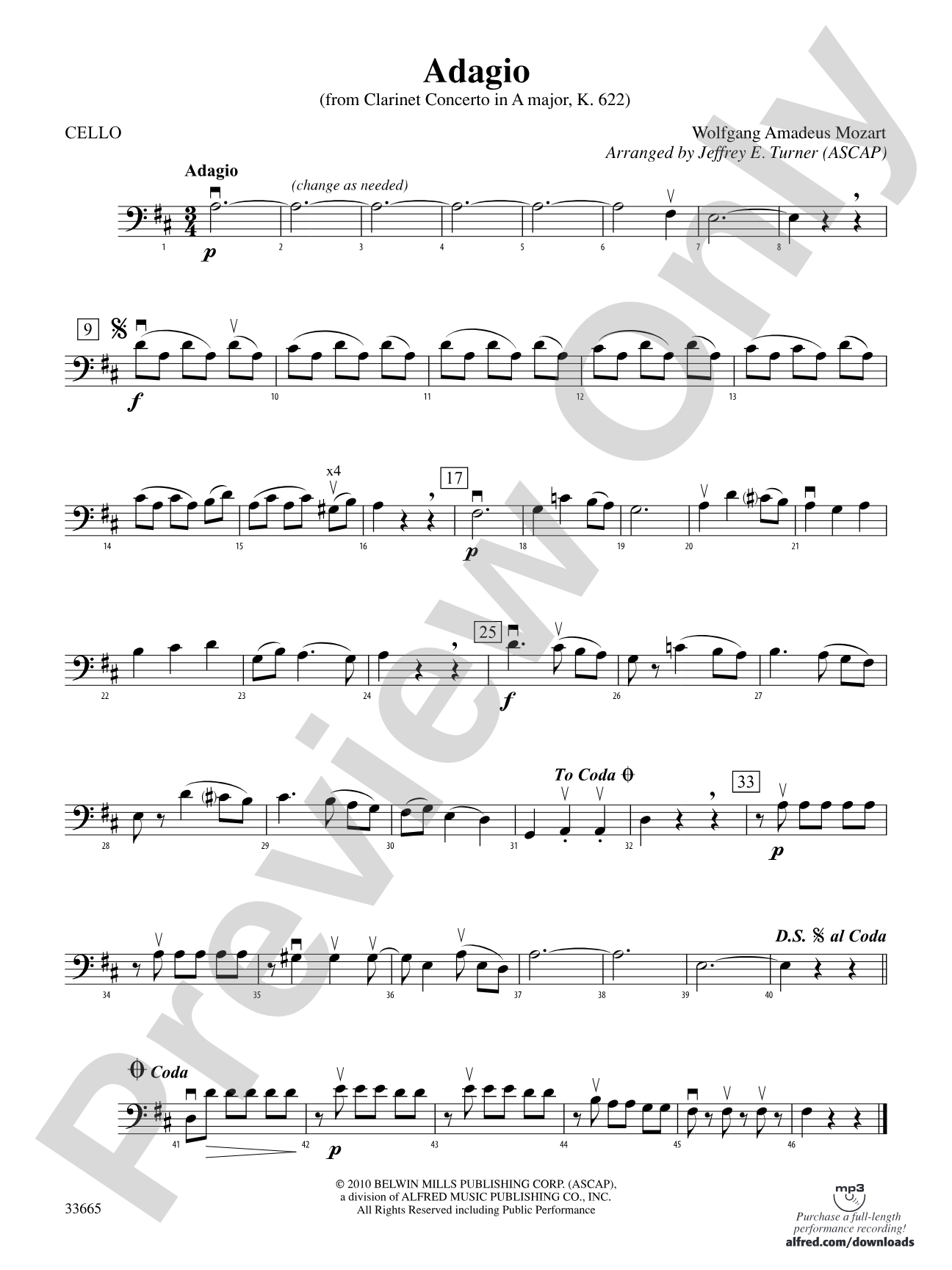 Adagio (from Clarinet Concerto in A Major, K. 622): Cello