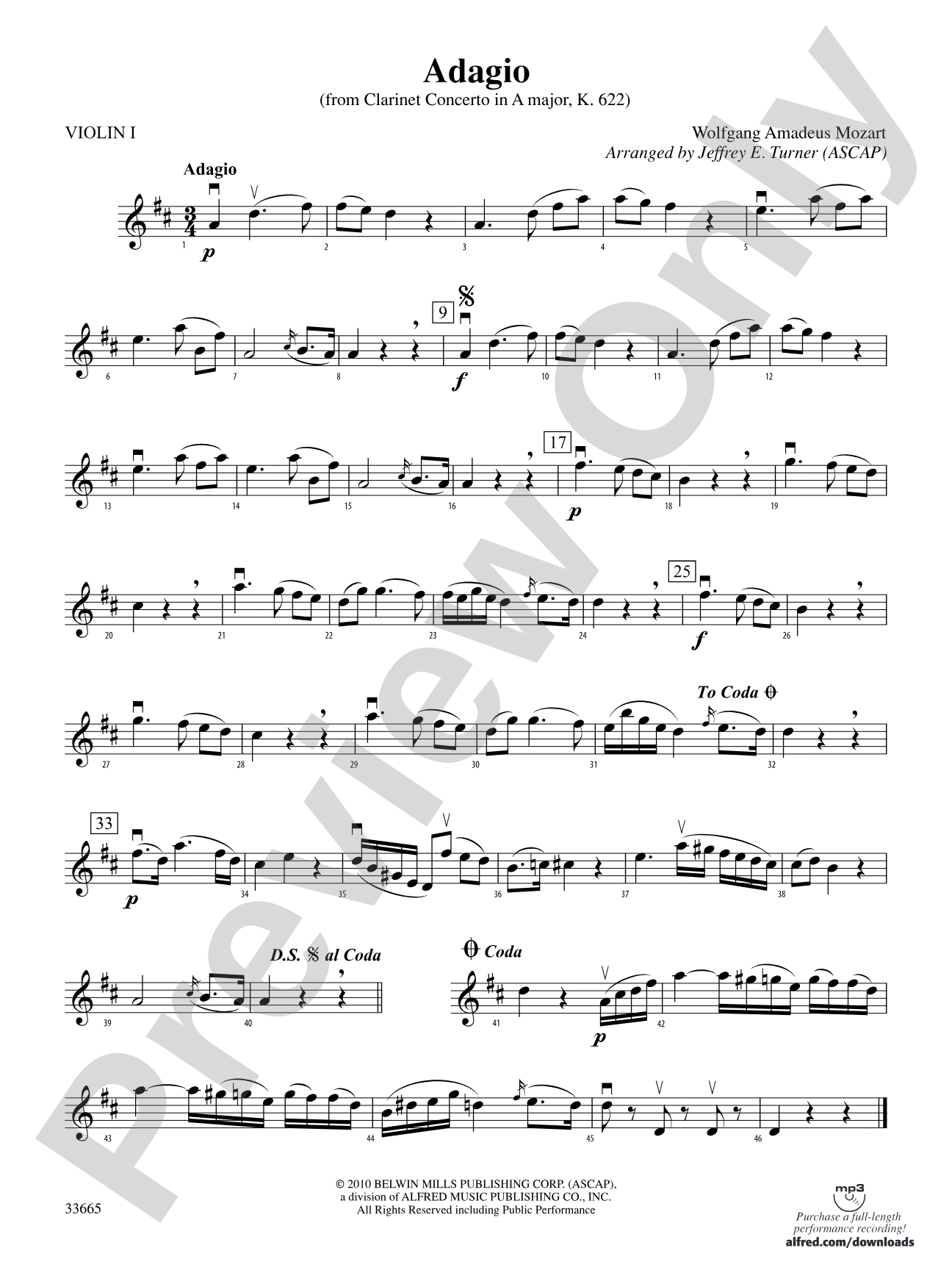 Adagio (from Clarinet Concerto in A Major, K. 622): 1st Violin