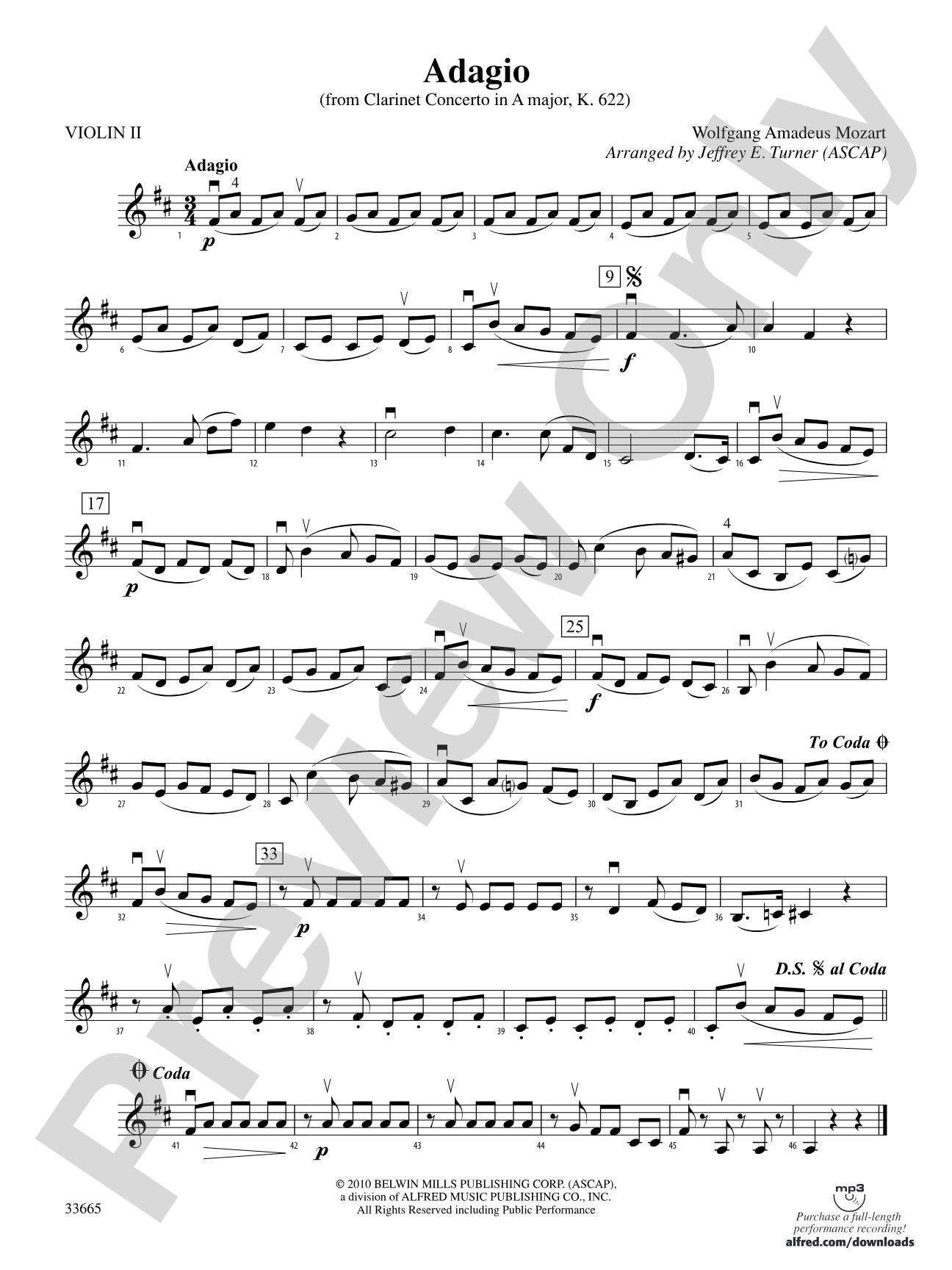 Adagio (from Clarinet Concerto in A Major, K. 622): 2nd Violin