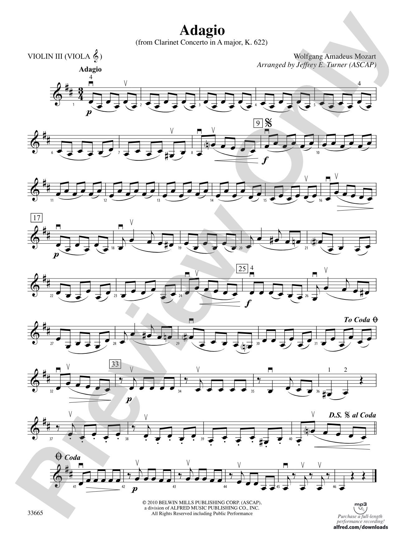 Adagio (from Clarinet Concerto in A Major, K. 622): 3rd Violin (Viola [TC])