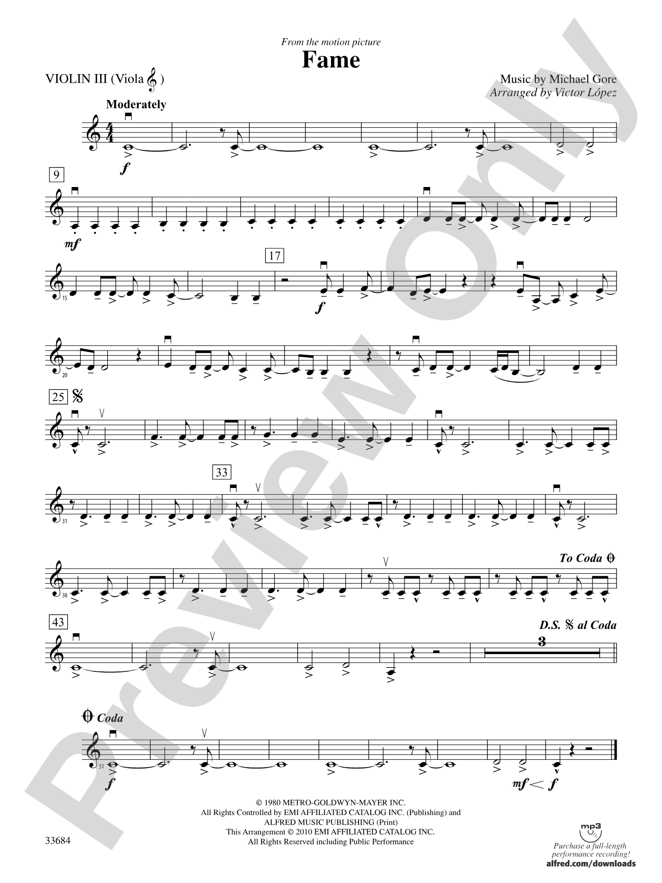 Fame (from the motion pictureFame): 3rd Violin (Viola [TC])