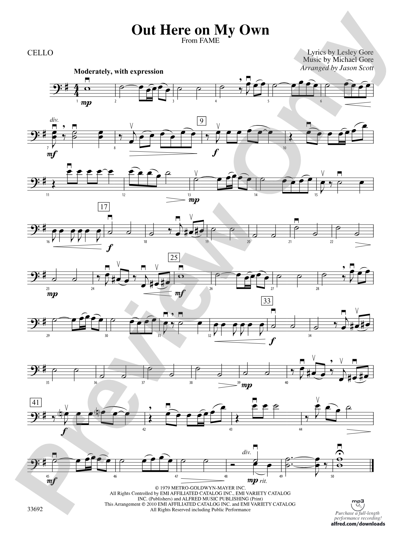 Out Here on My Own (from the motion picture Fame): Cello