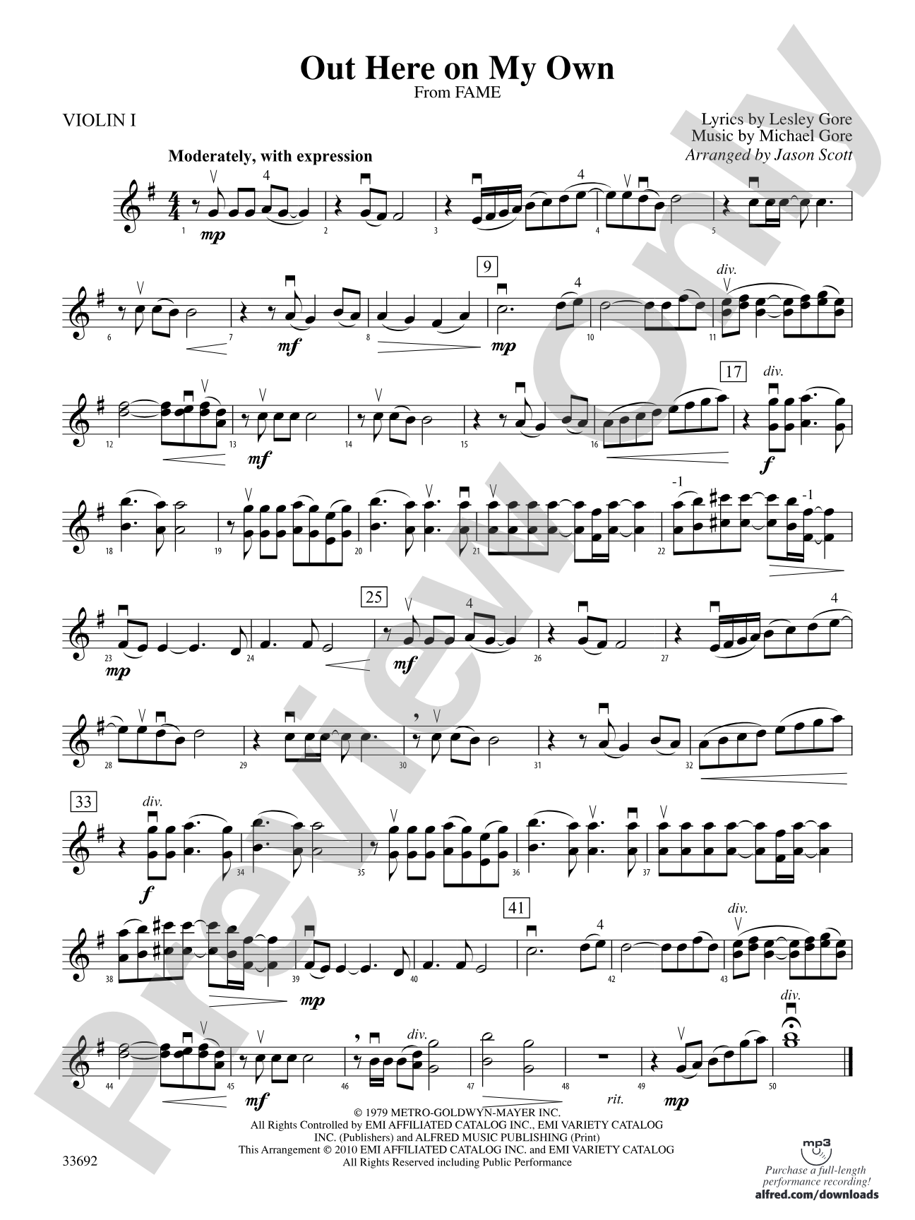 Out Here on My Own (from the motion picture Fame): 1st Violin