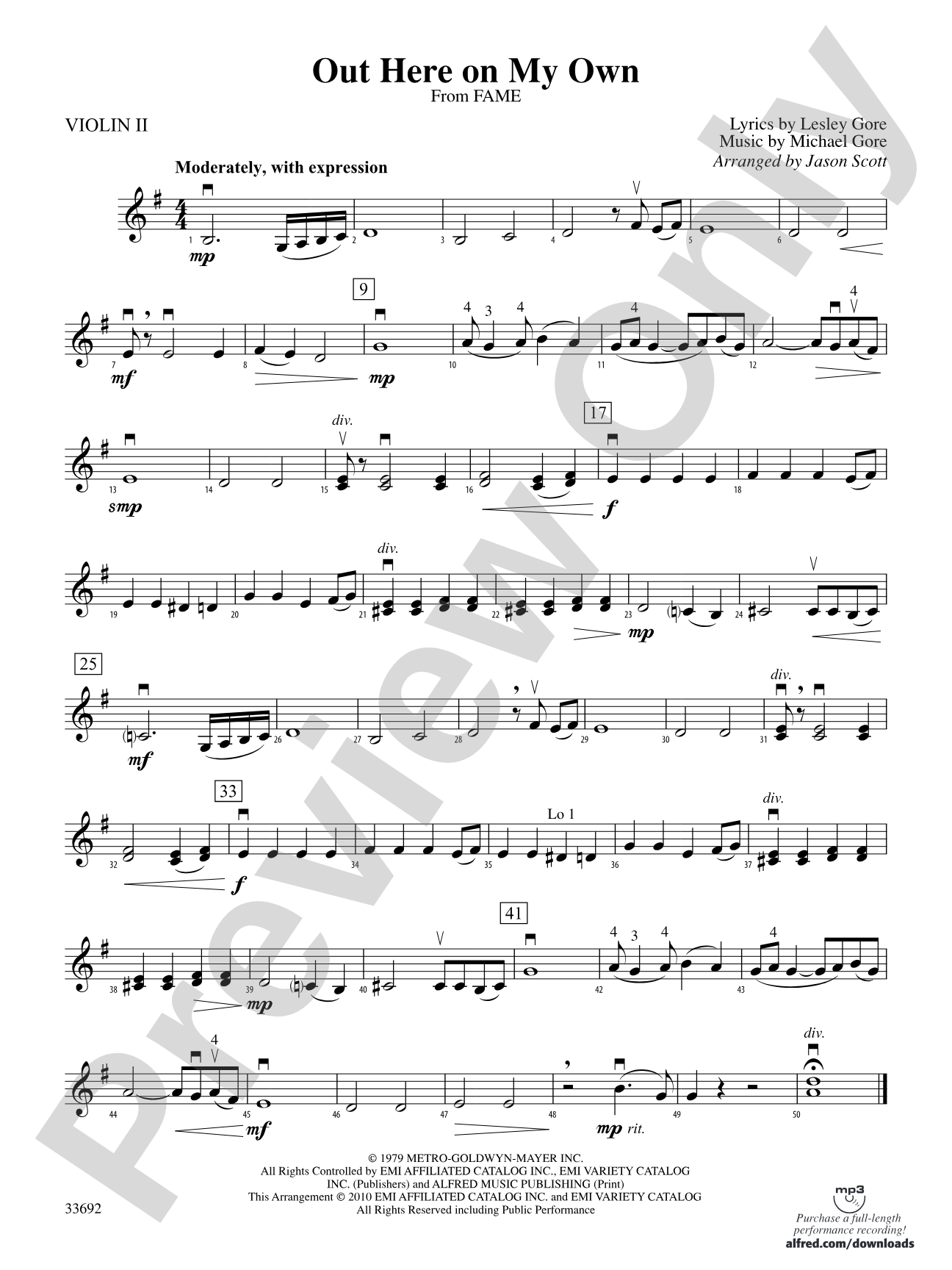 Out Here on My Own (from the motion picture Fame): 2nd Violin