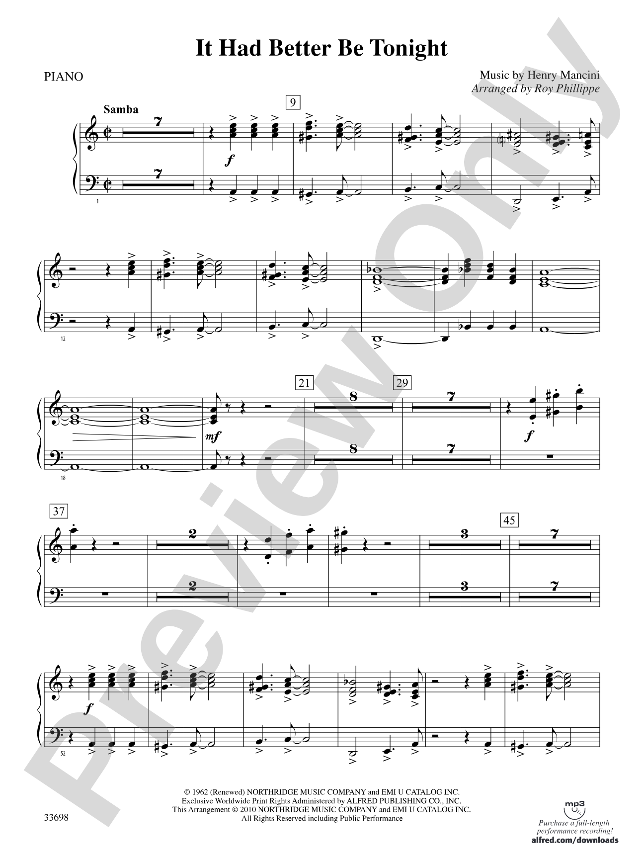 It Had Better Be Tonight (from The Pink Panther): Piano Accompaniment