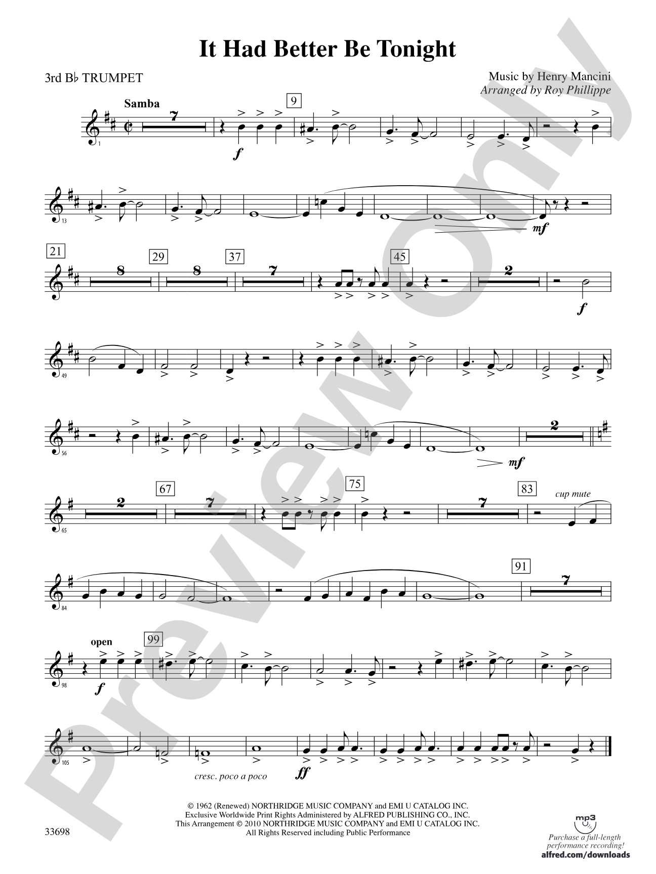 It Had Better Be Tonight (from The Pink Panther): 3rd B-flat Trumpet