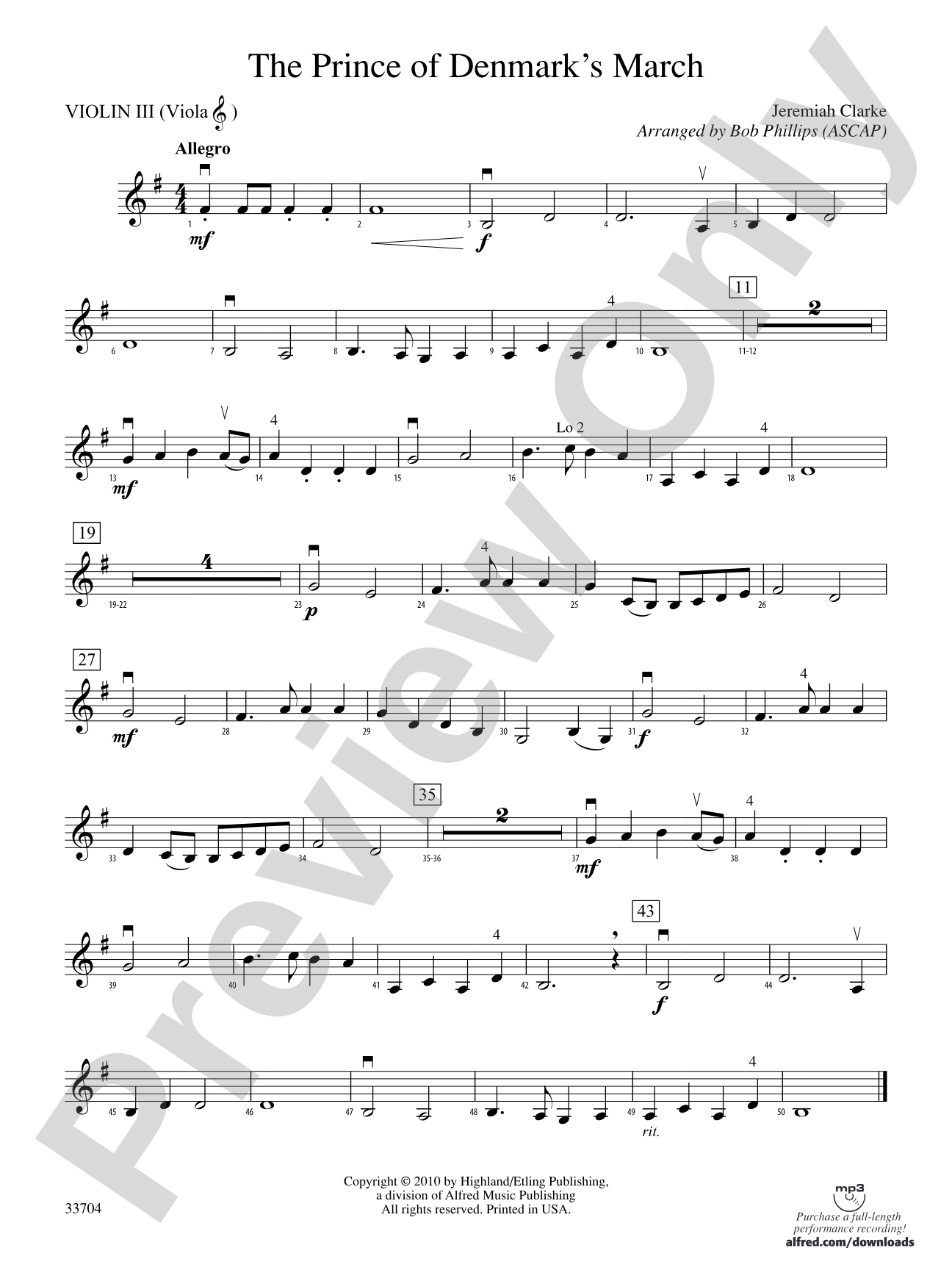 The Prince of Denmark's March: 3rd Violin (Viola [TC])