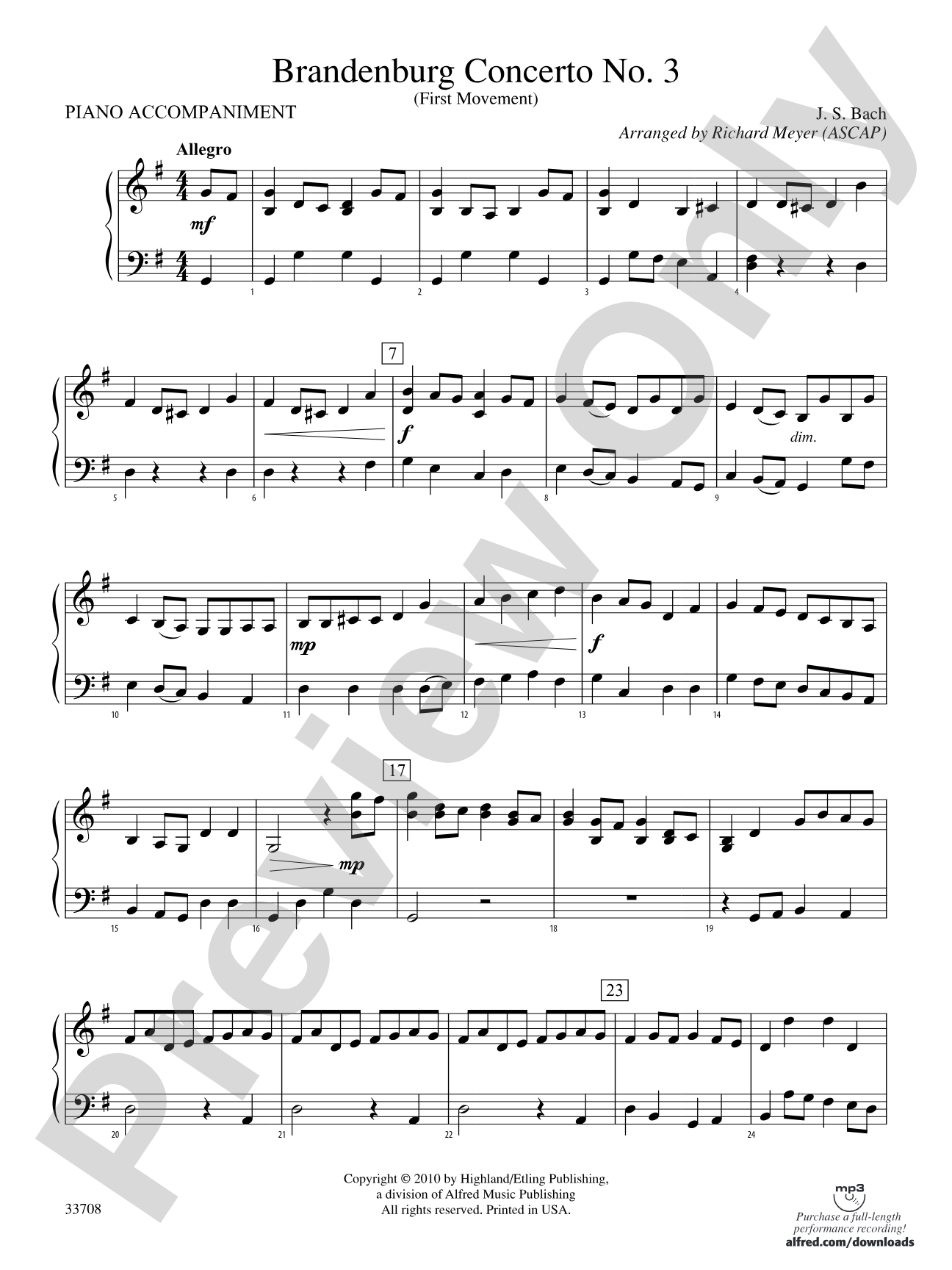 Brandenburg Concerto No. 3 (First Movement): Piano Accompaniment