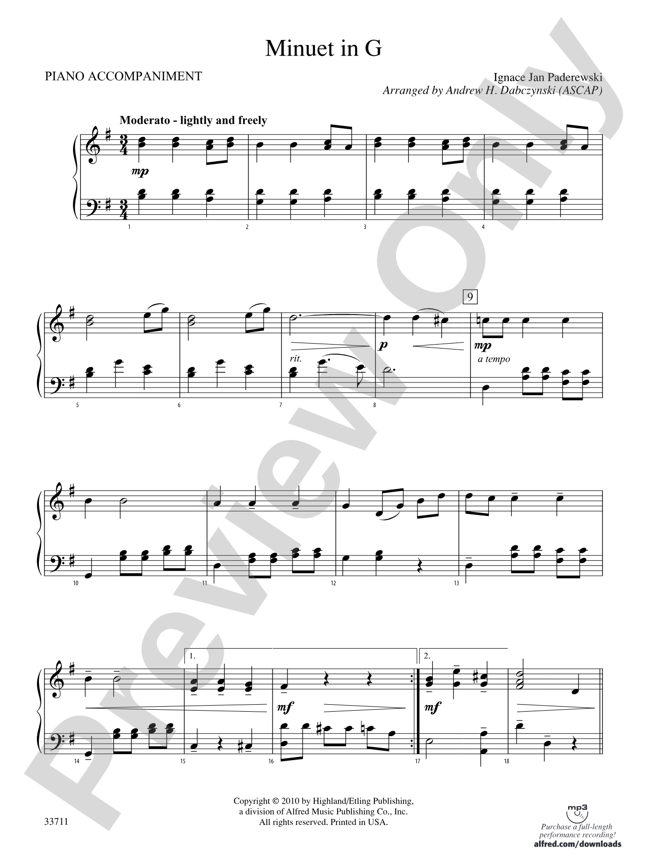 Minuet in G: Piano Accompaniment