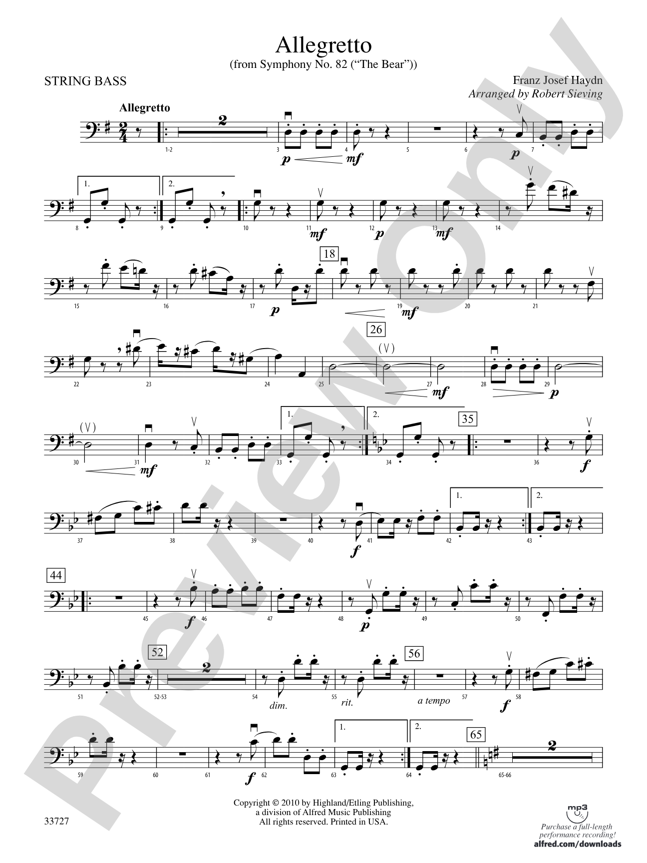 Allegretto (from Symphony No. 82 "The Bear"): String Bass