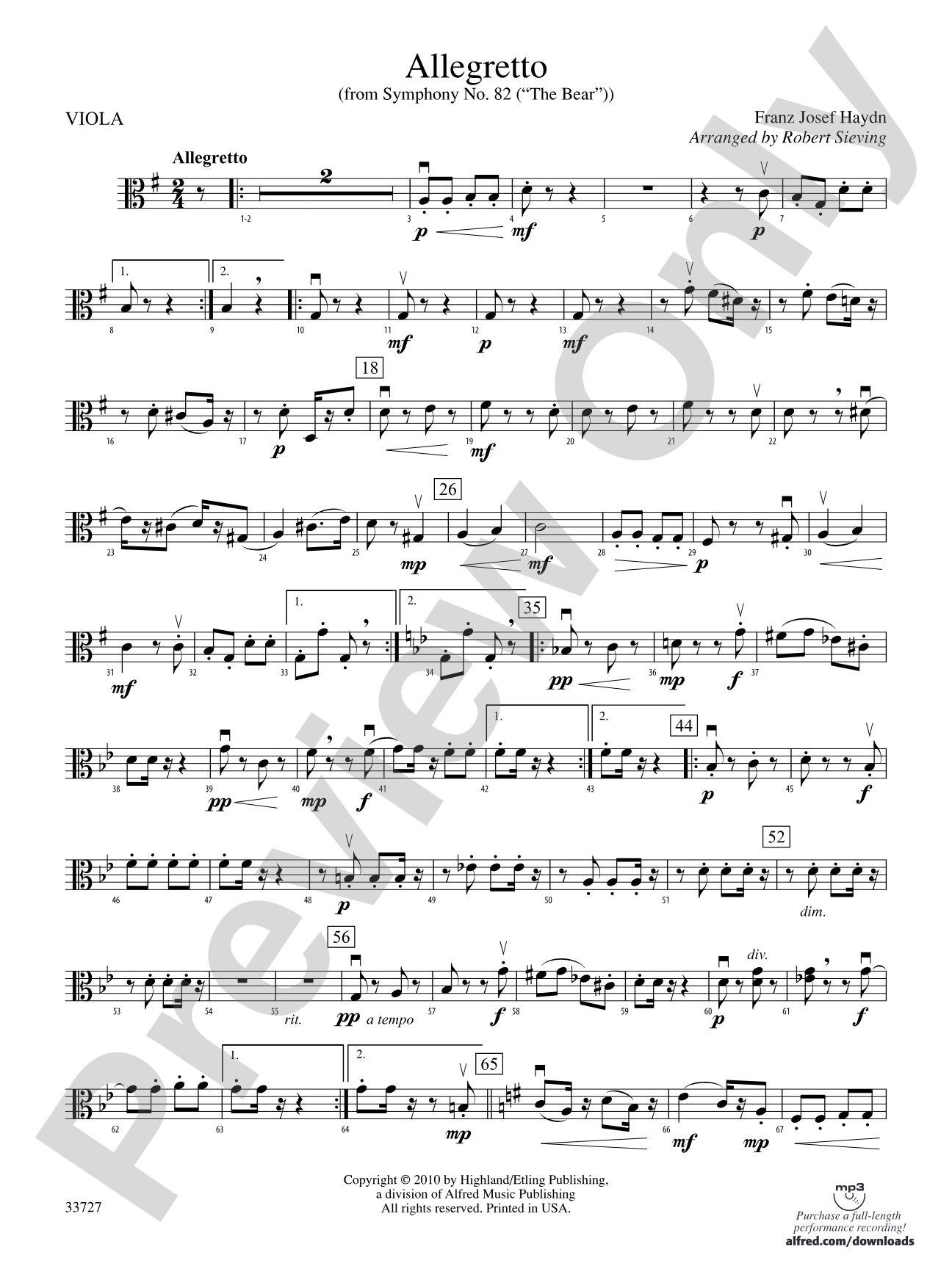 Allegretto (from Symphony No. 82 "The Bear"): Viola