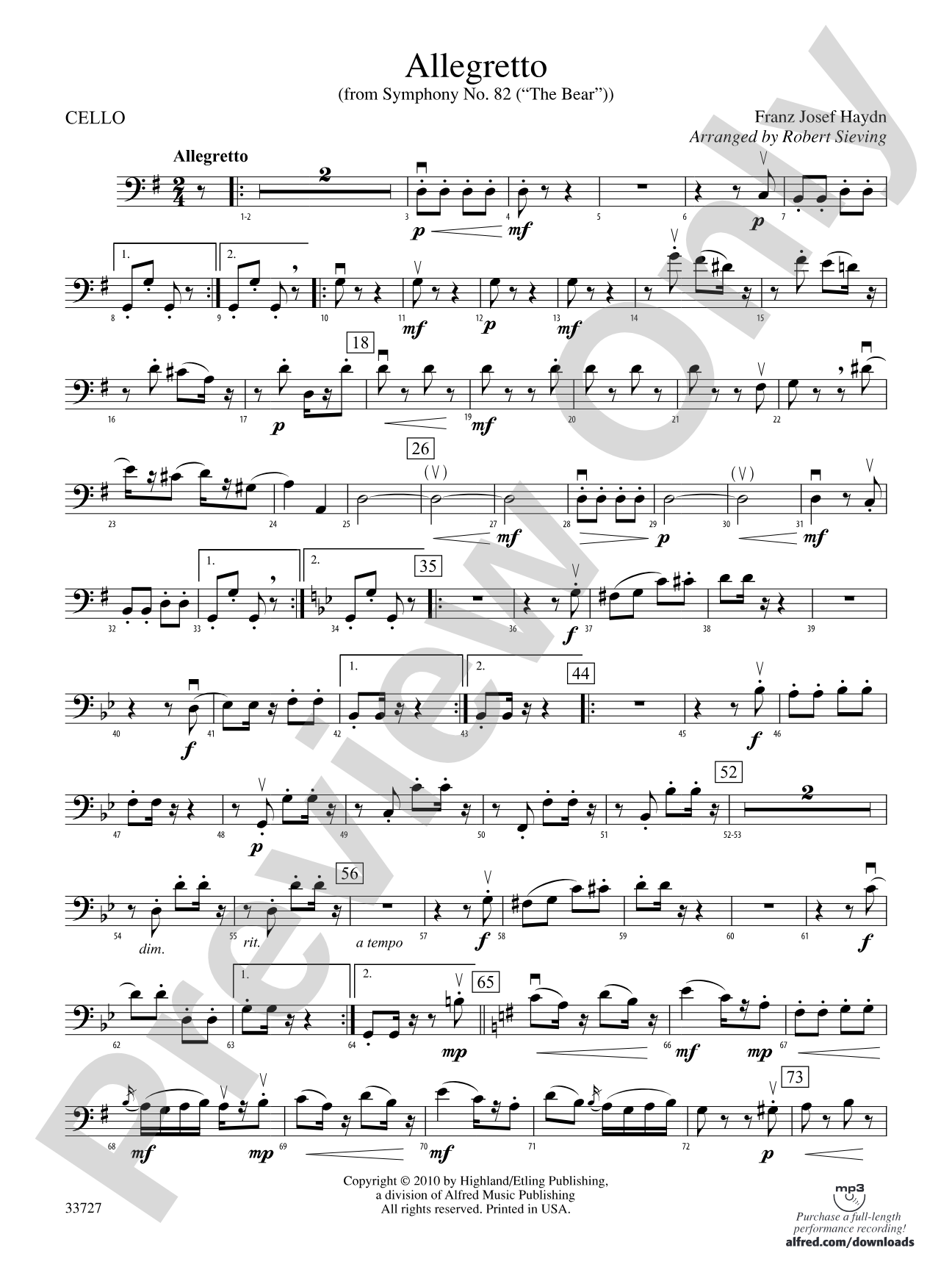 Allegretto (from Symphony No. 82 "The Bear"): Cello