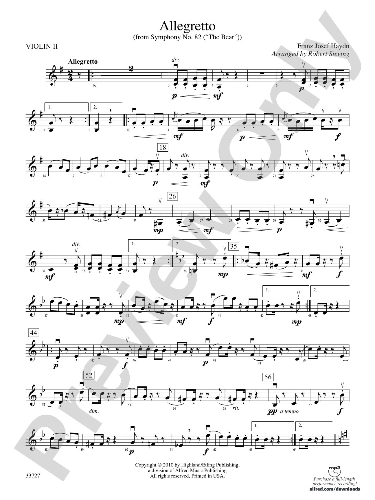 Allegretto (from Symphony No. 82 "The Bear"): 2nd Violin