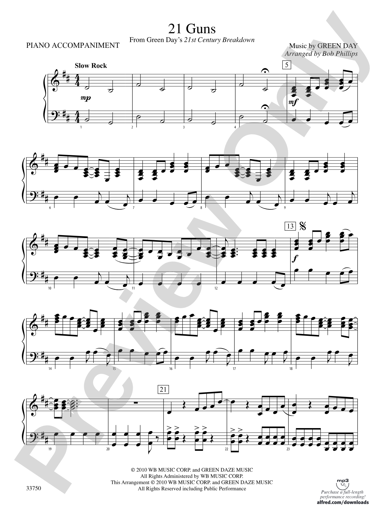21 Guns: Piano Accompaniment