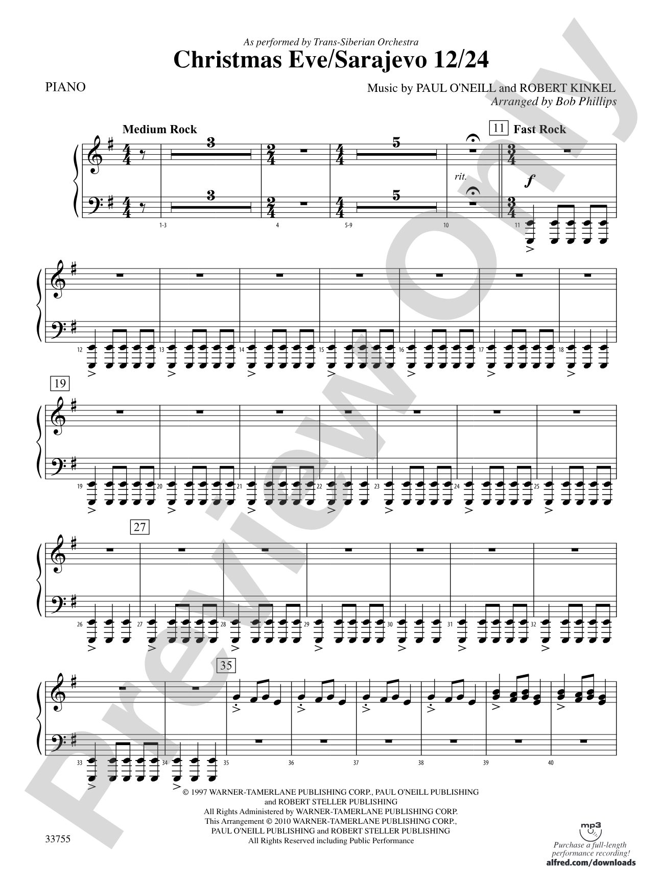 Christmas Eve/Sarajevo 12/24: Piano Accompaniment