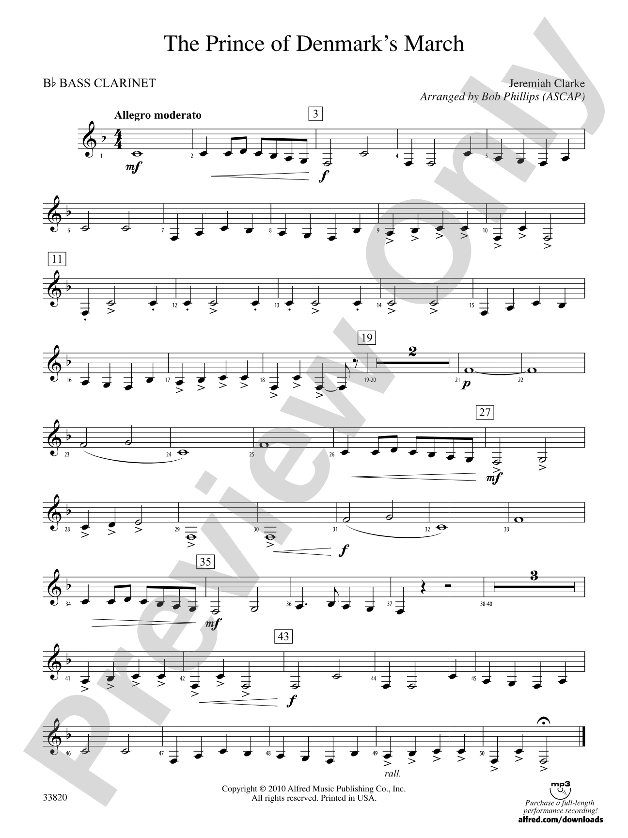 The Prince of Denmark's March: B-flat Bass Clarinet