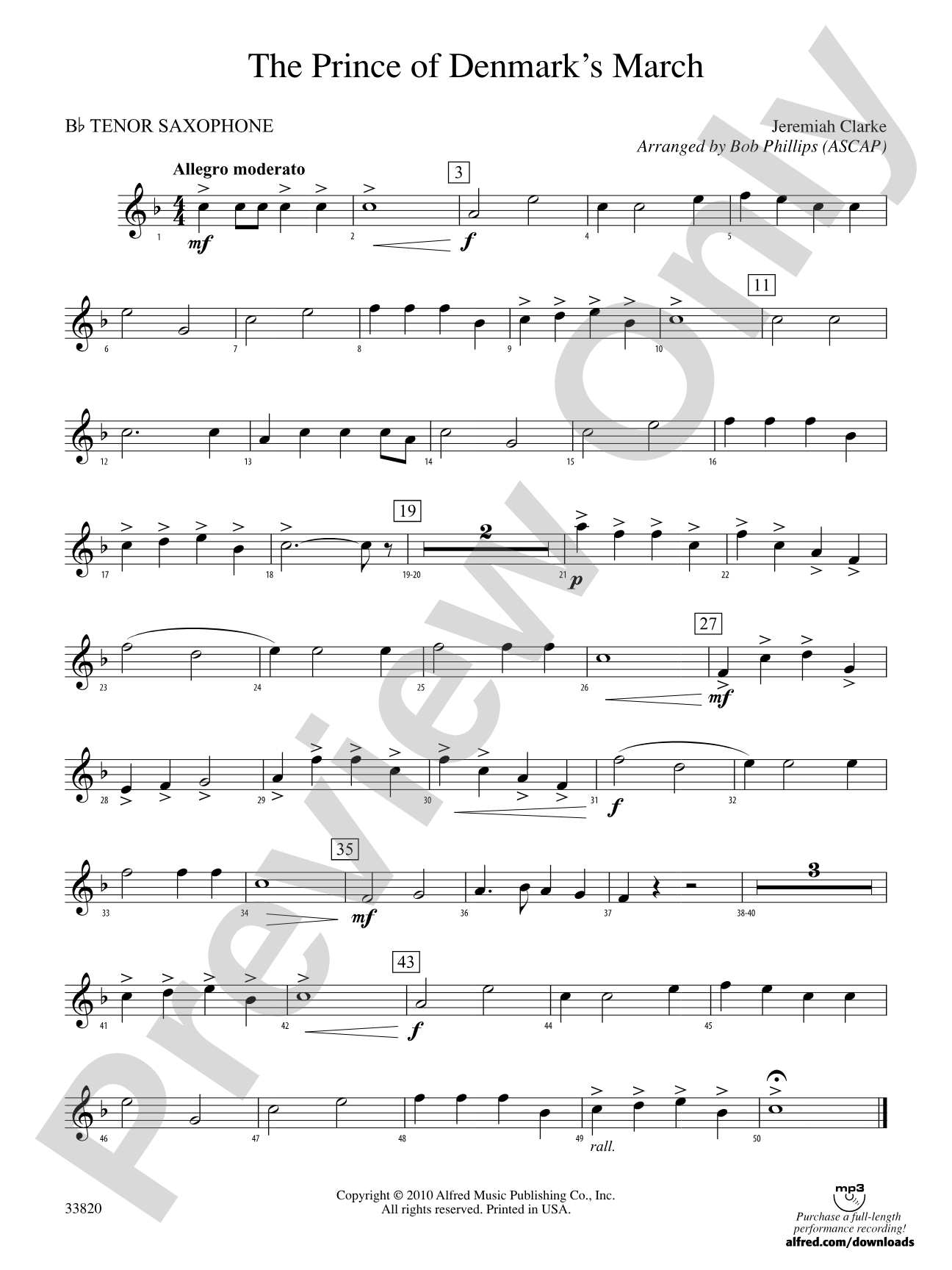 The Prince of Denmark's March: B-flat Tenor Saxophone