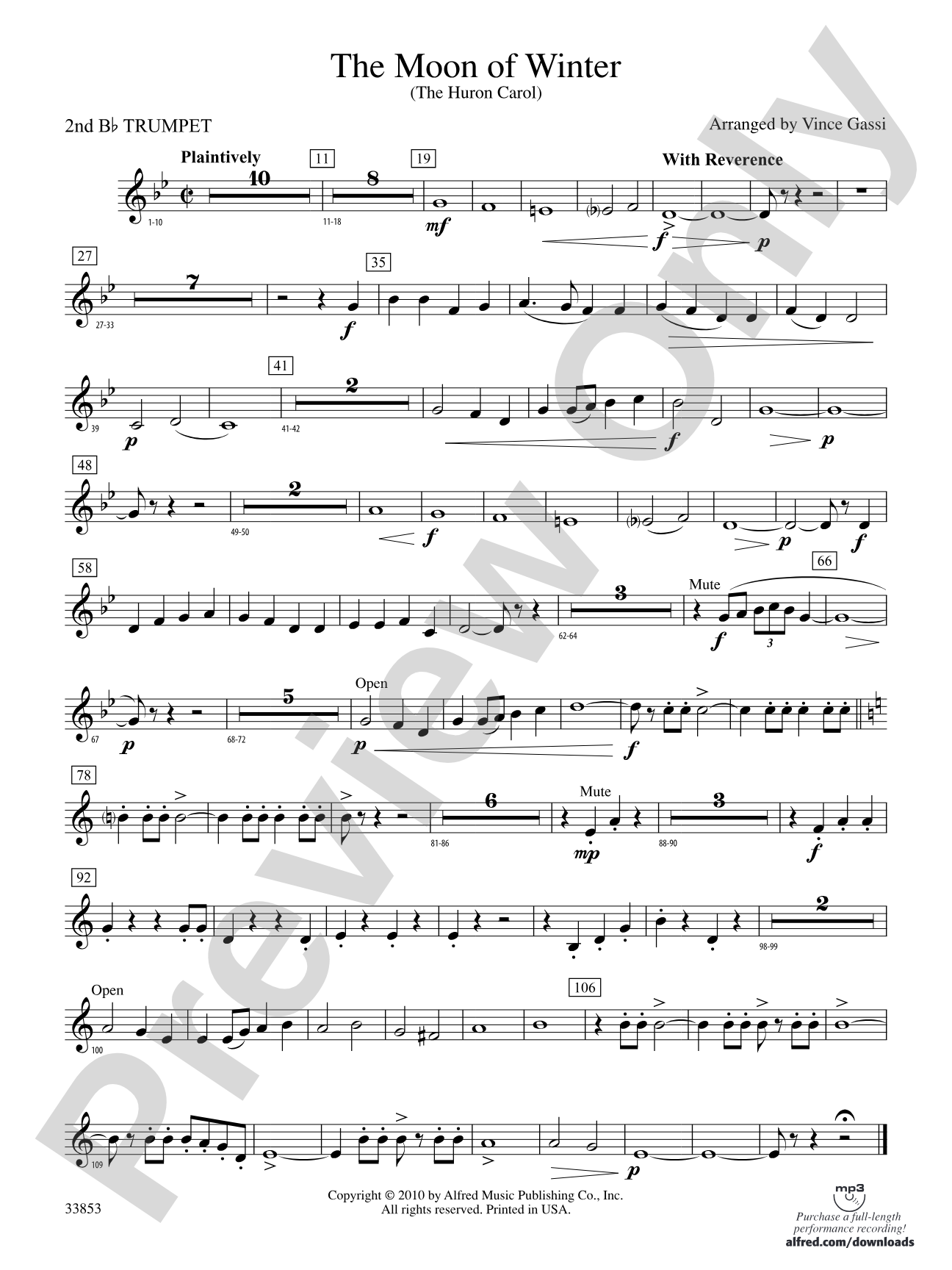 The Moon of Winter (The Huron Carol): 2nd B-flat Trumpet