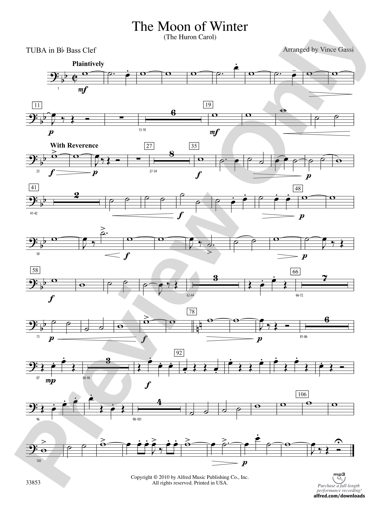 The Moon of Winter (The Huron Carol): (wp) B-flat Tuba B.C.