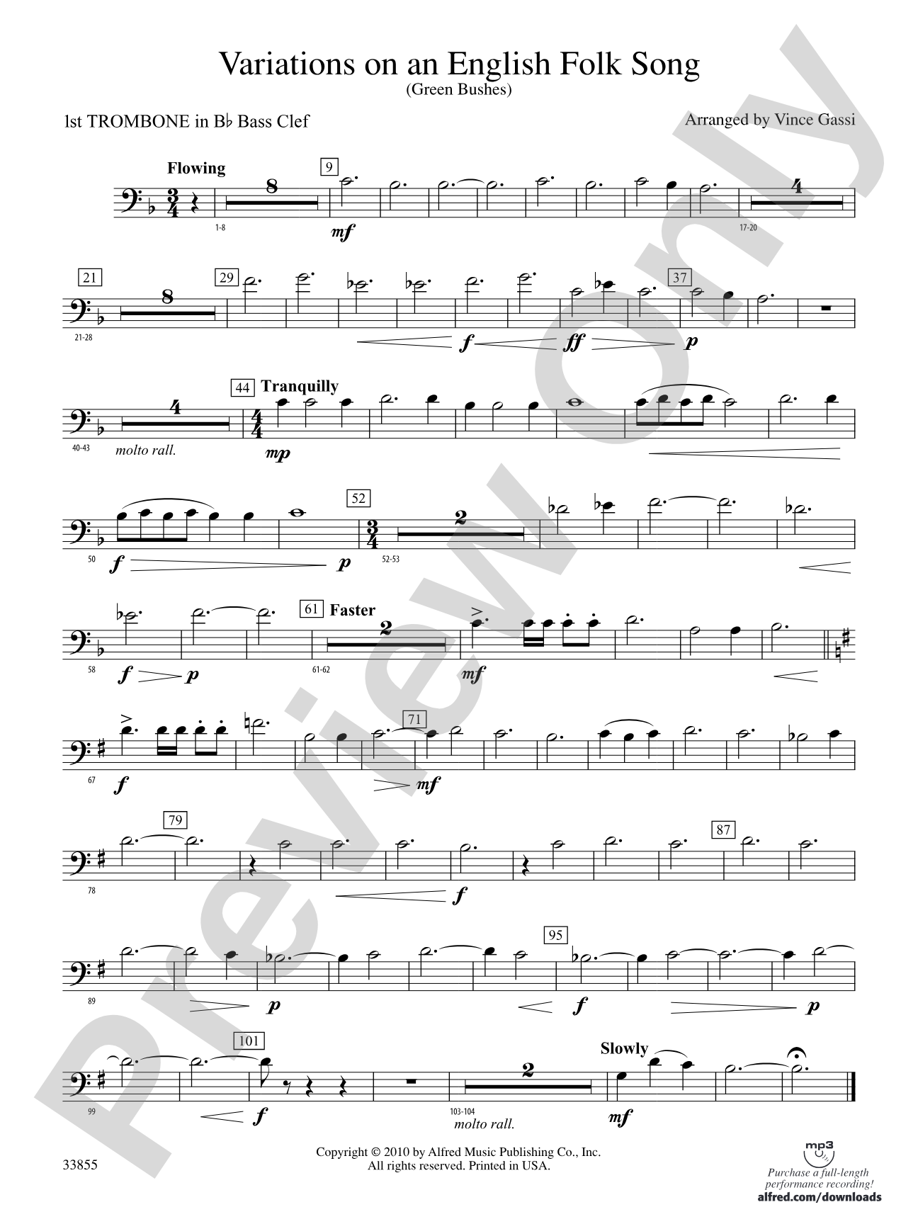 Variations on an English Folk Song: (wp) 1st B-flat Trombone B.C.