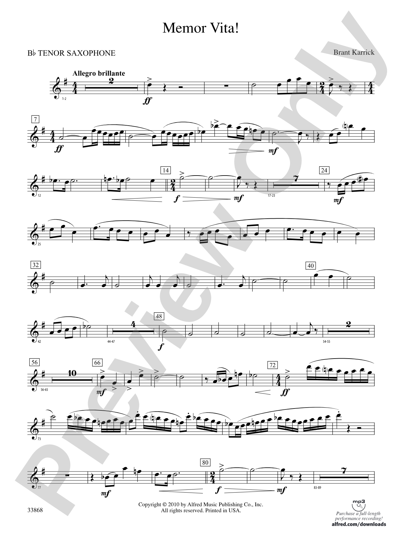 Memor Vita!: B-flat Tenor Saxophone
