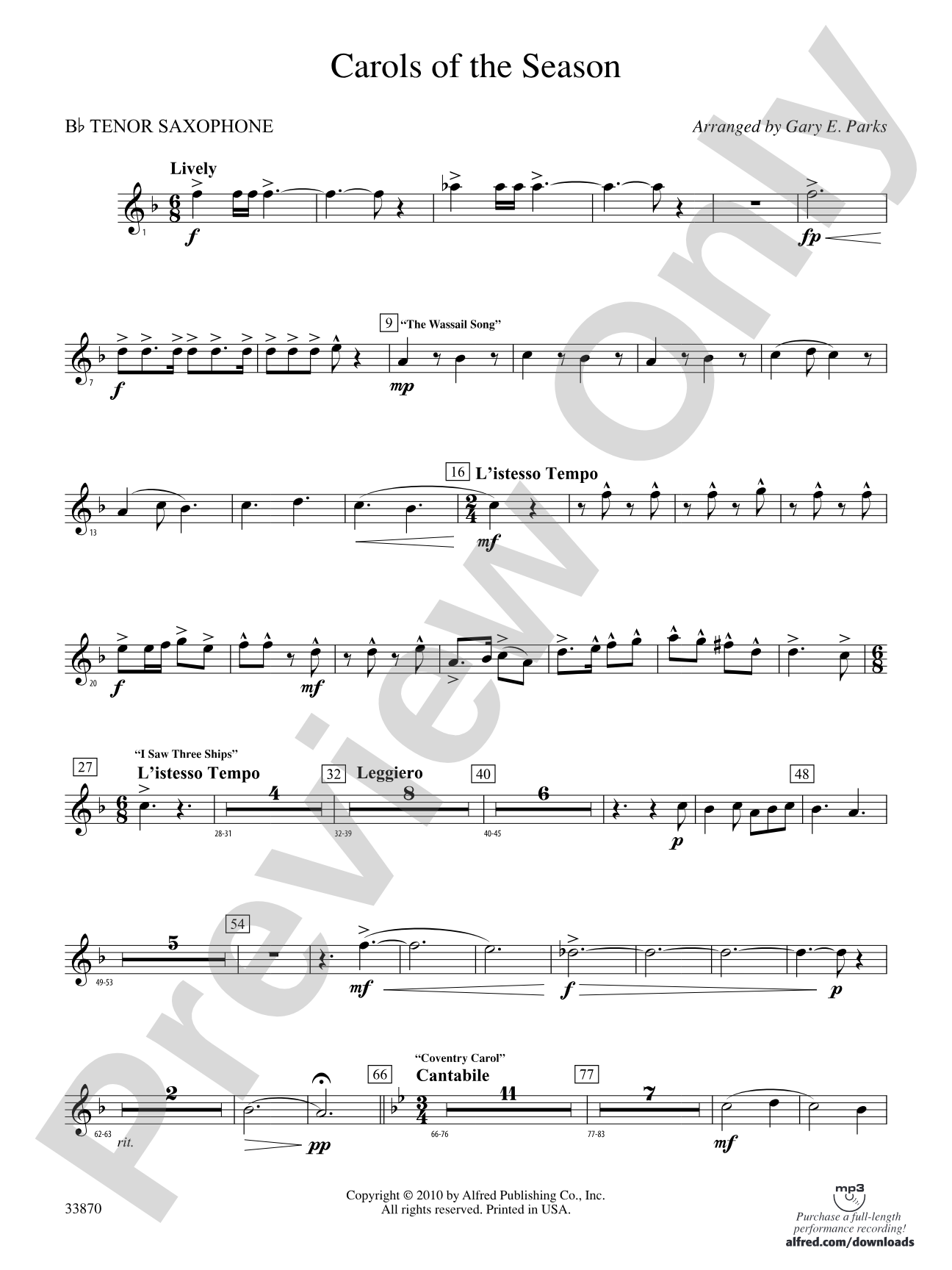 Carols of the Season: B-flat Tenor Saxophone