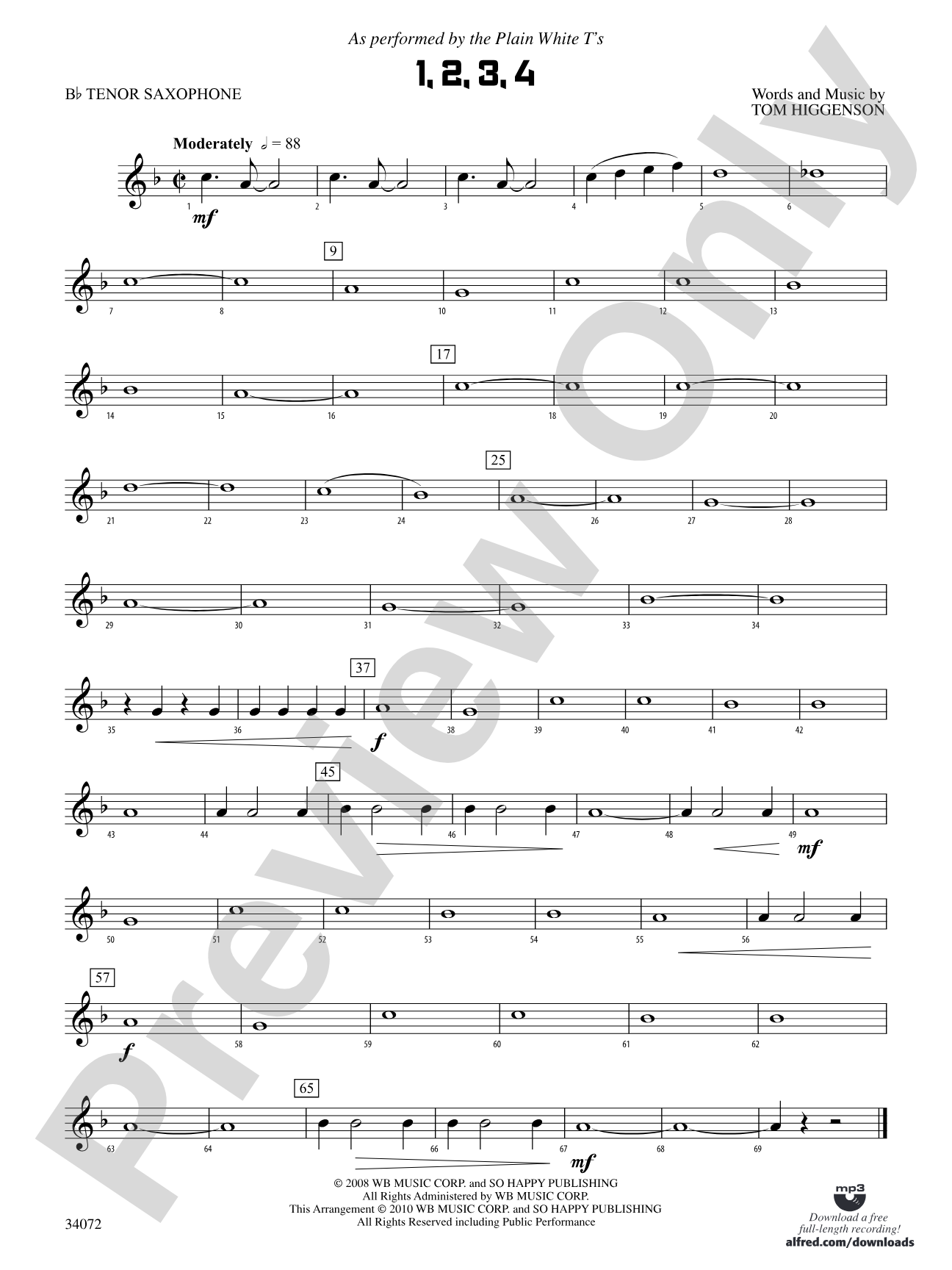 1, 2, 3, 4: B-flat Tenor Saxophone